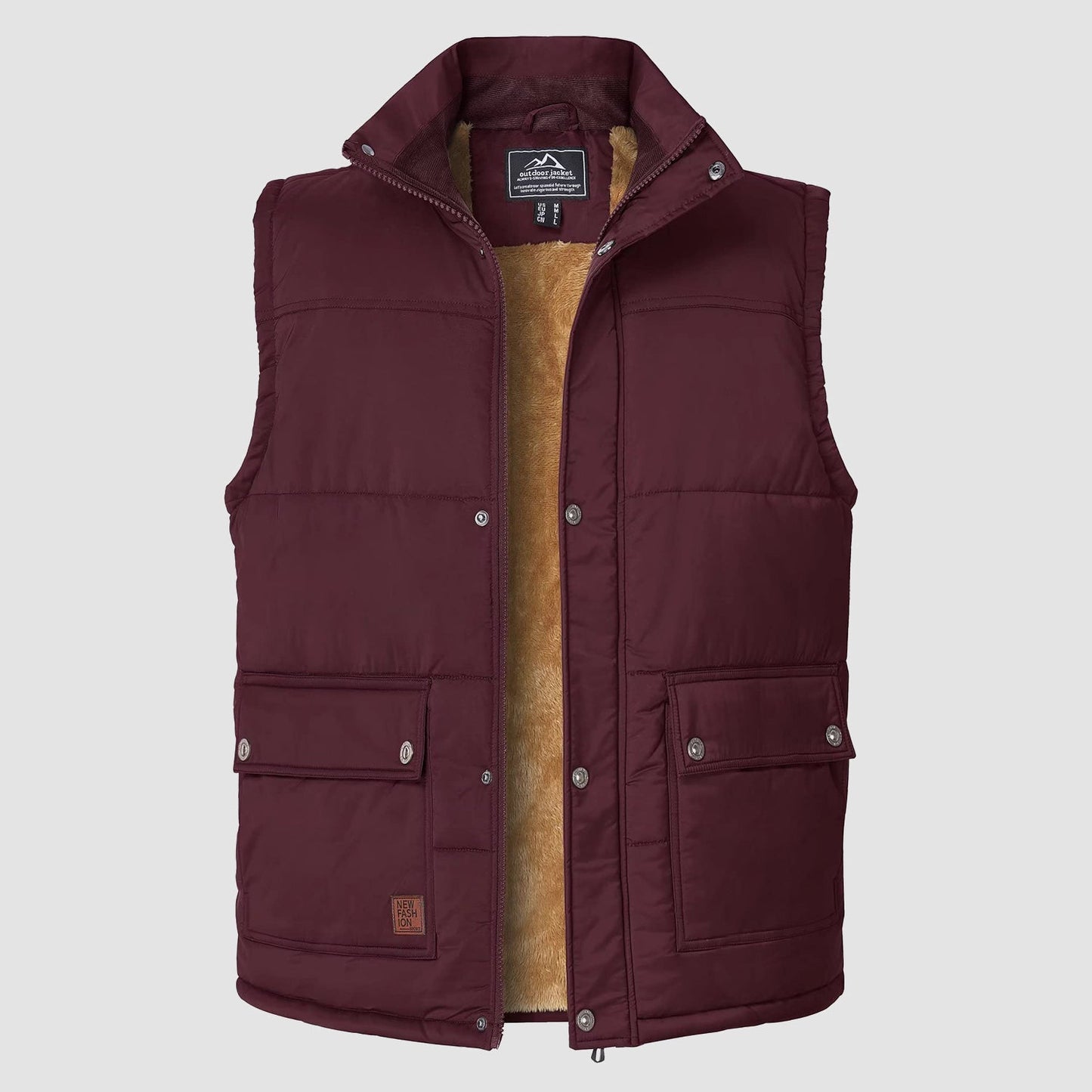 Men's padded fleece-lined sleeveless vest with stand collar and 3 pockets, windproof warmth