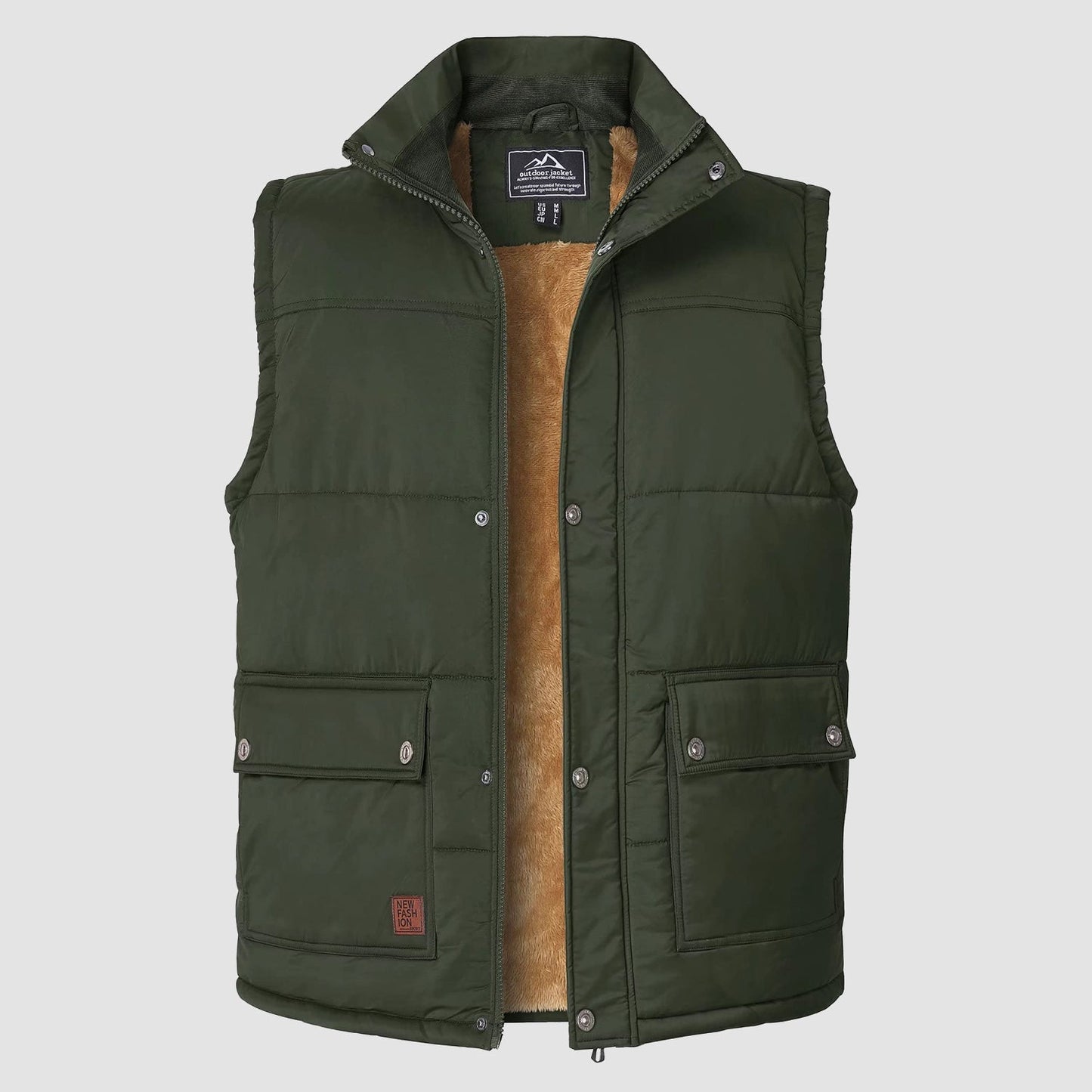 Men's padded fleece-lined sleeveless vest with stand collar, 3 pockets, windproof casual jacket