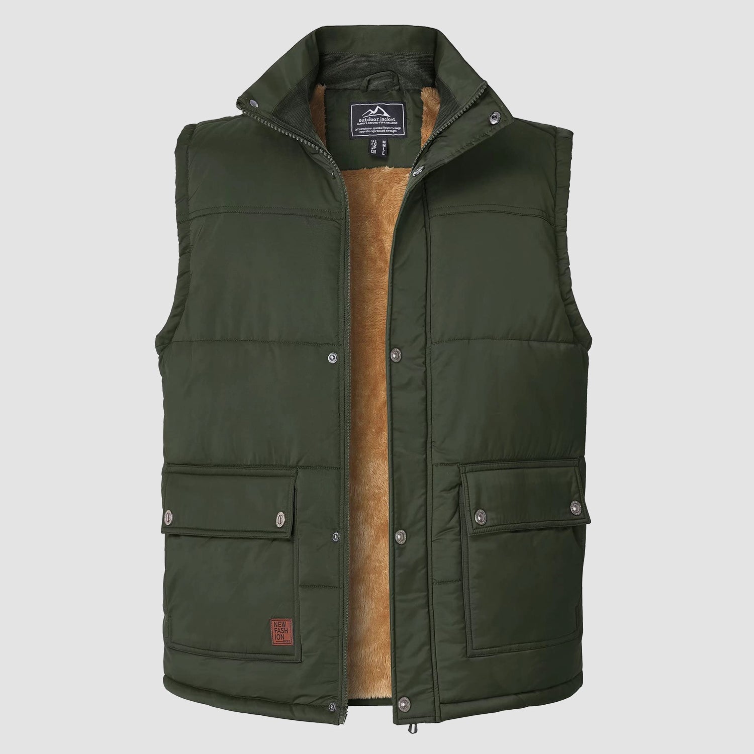 Men's padded fleece-lined sleeveless vest with stand collar, 3 pockets, windproof casual jacket