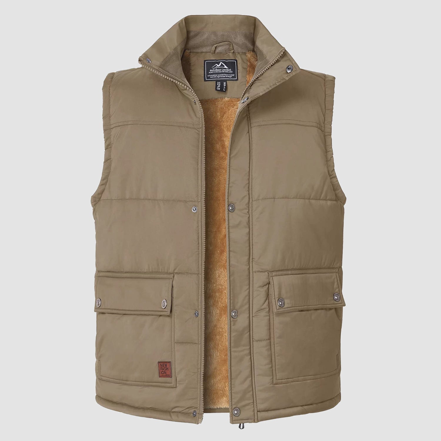 Men's padded sleeveless vest fleece-lined windproof jacket with stand collar and 3 pockets