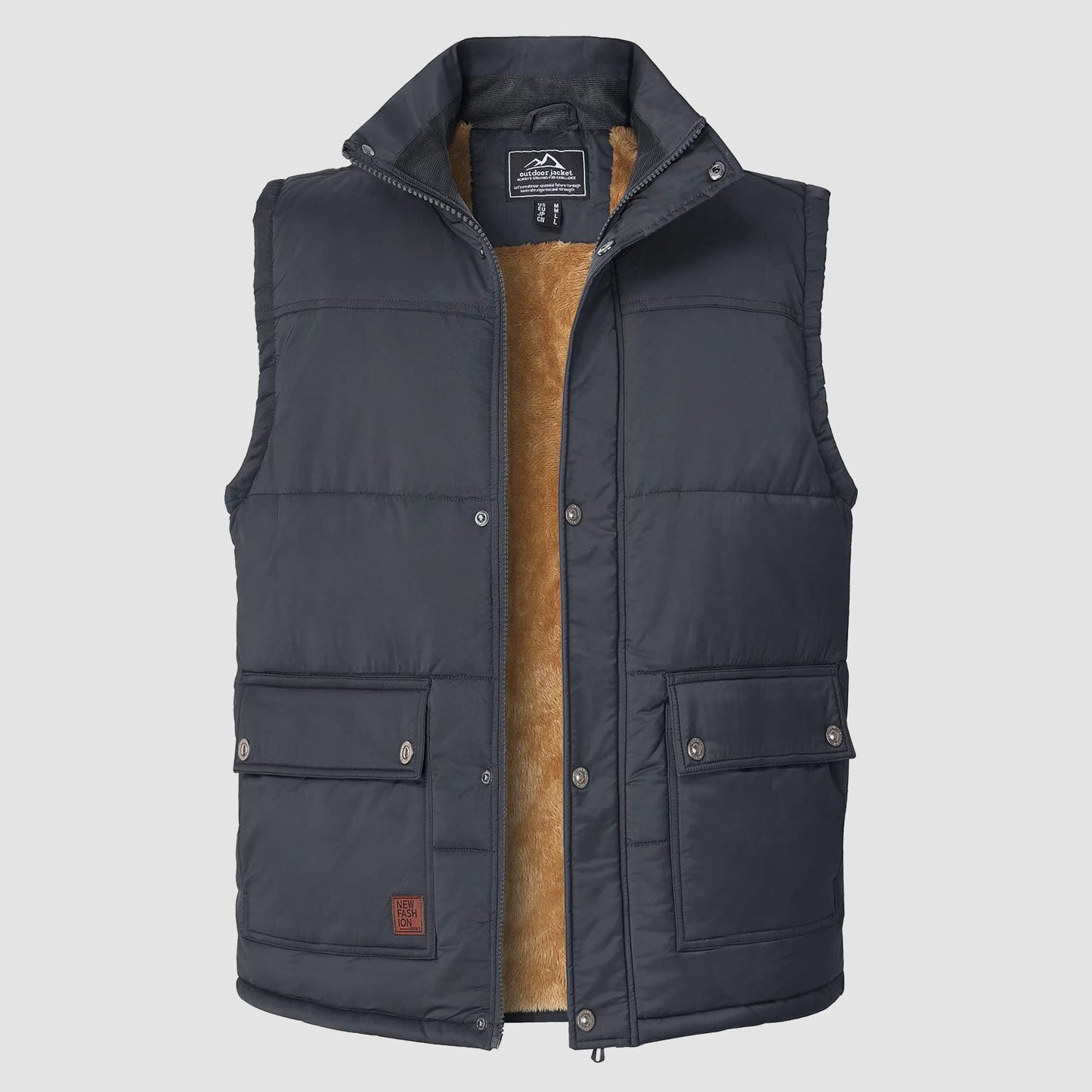 Men's padded fleece-lined sleeveless vest with stand collar and 3 pockets, windproof casual jacket