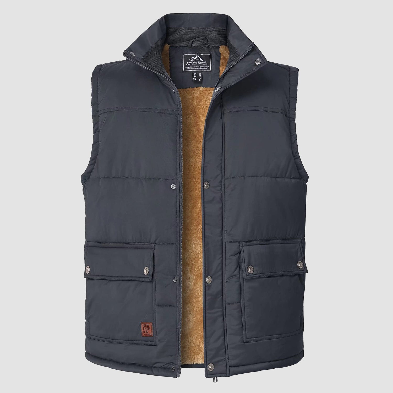 Men's padded fleece-lined sleeveless vest with stand collar and 3 pockets, windproof casual jacket