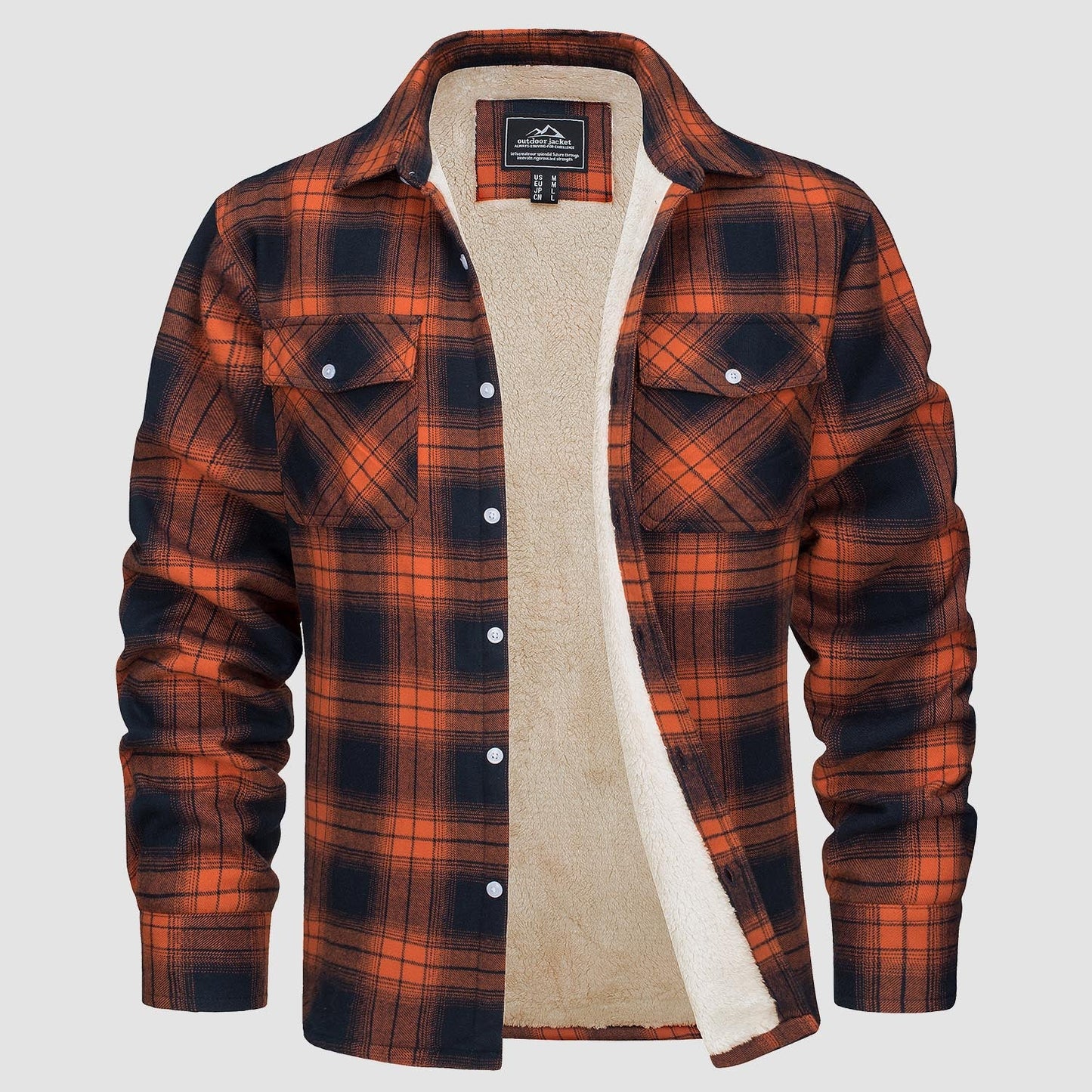 Men's flannel shirt jacket fleece-lined windproof cotton with two side pockets warm layer