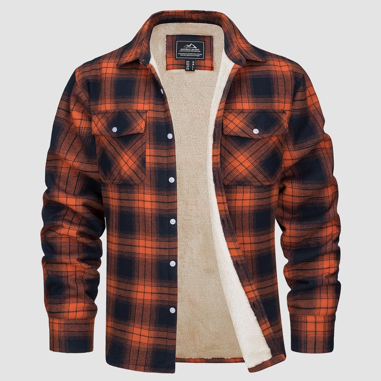 Men's flannel shirt jacket fleece-lined windproof cotton with two side pockets warm layer