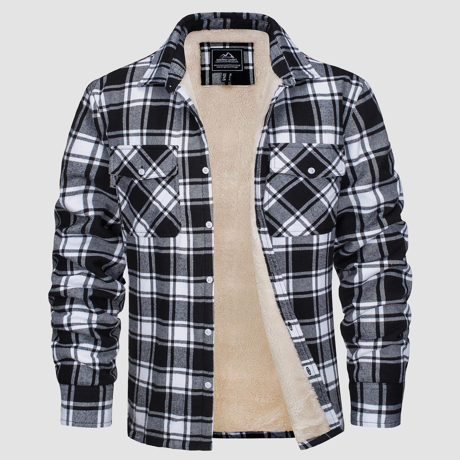 Men's flannel shirt jacket fleece-lined windproof cotton with two side pockets warm layer