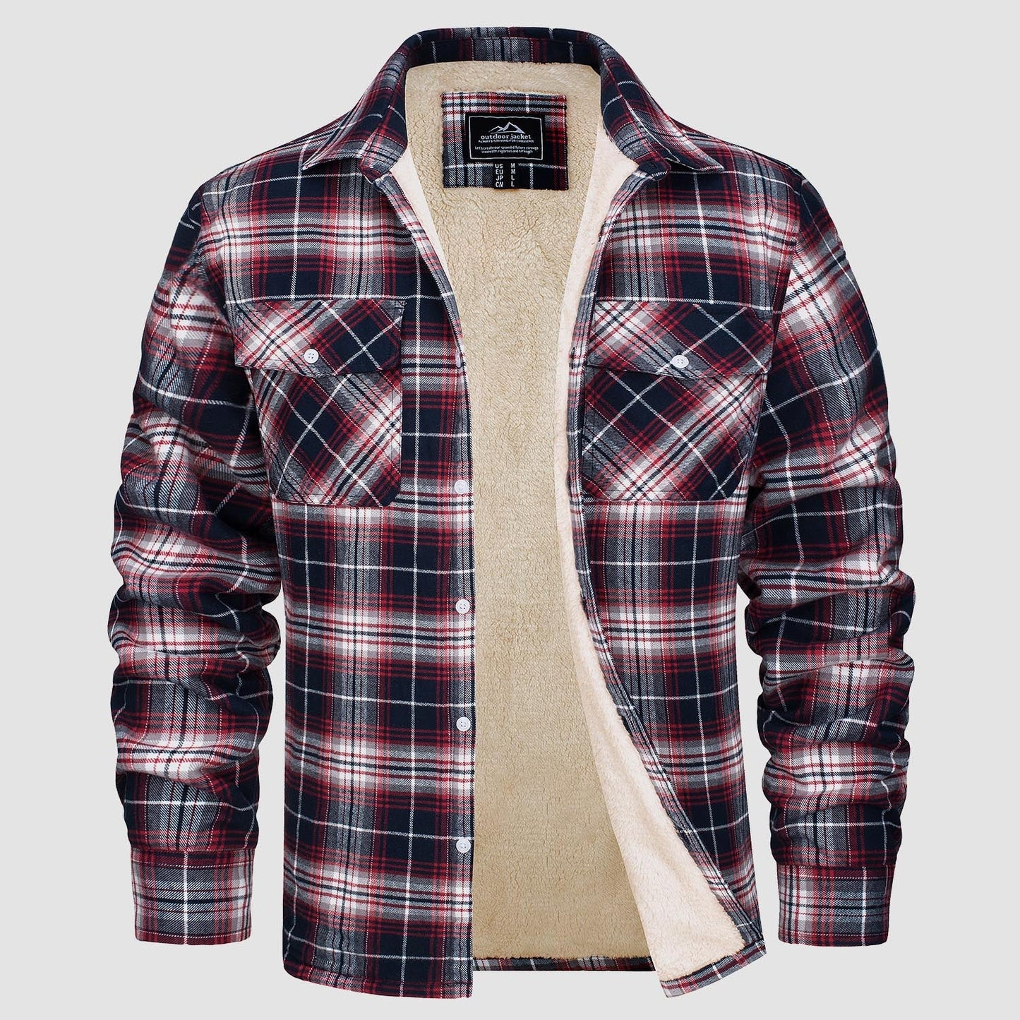 Men's flannel shirt jacket fleece-lined windproof cotton with two side pockets warm winter layer