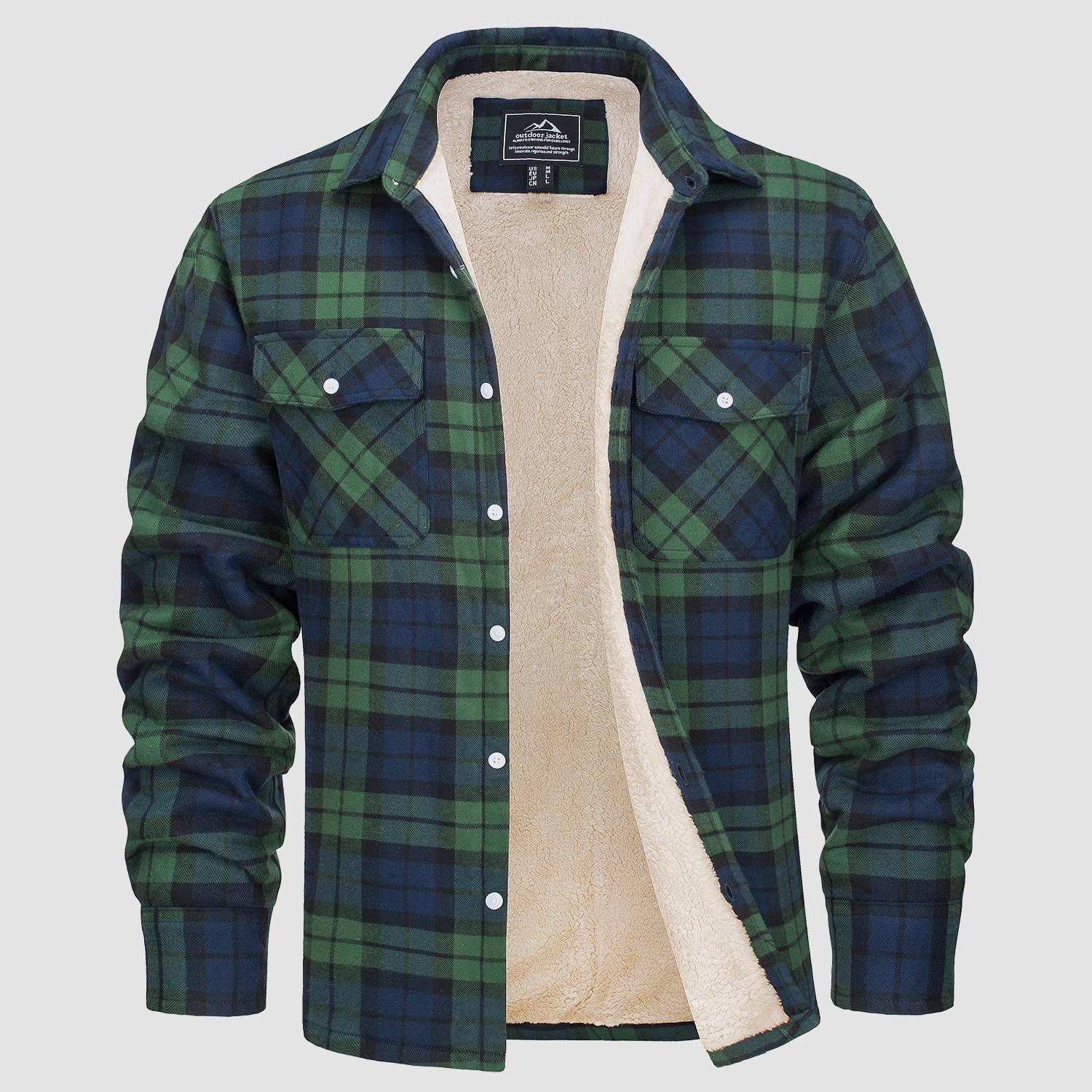 Men's flannel shirt jacket fleece-lined windproof cotton with two side pockets for fall winter