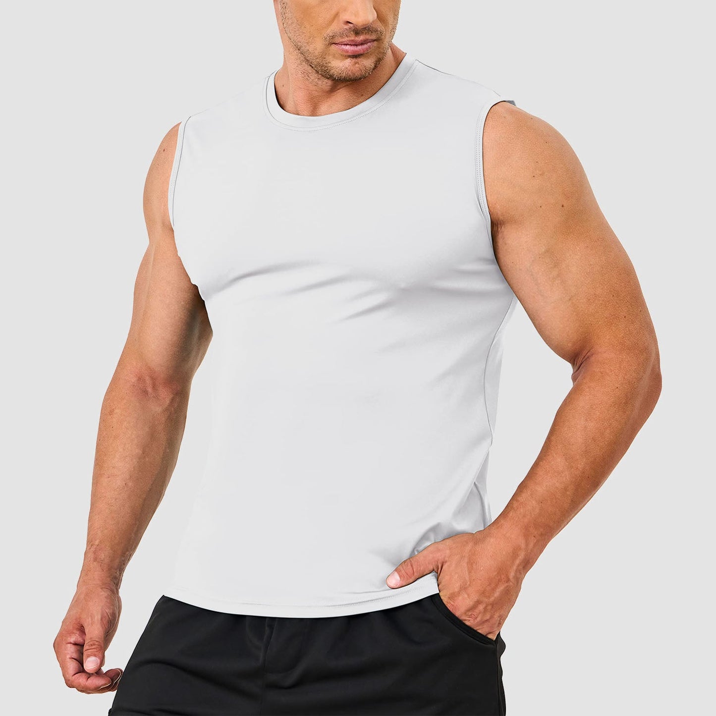 Men's gray sleeveless running tank top lightweight quick-dry UPF 80 moisture-wicking athletic fit