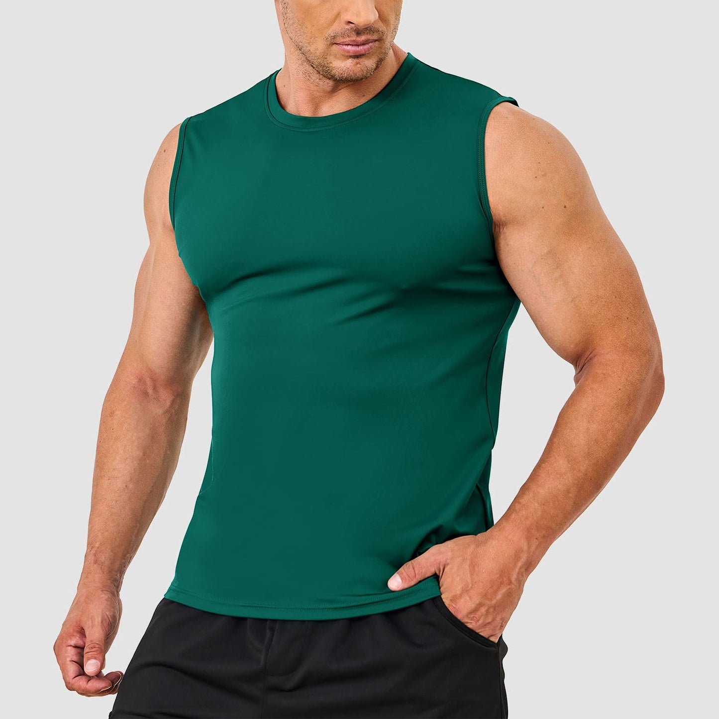 Men's athletic running tank top with moisture-wicking UPF 80 sun protection, lightweight polyester-spandex blend