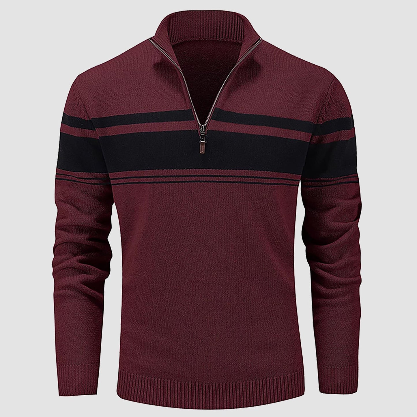 Men's slim-fit half-zip cotton knit pullover sweater with multicolor stripes and mock neck