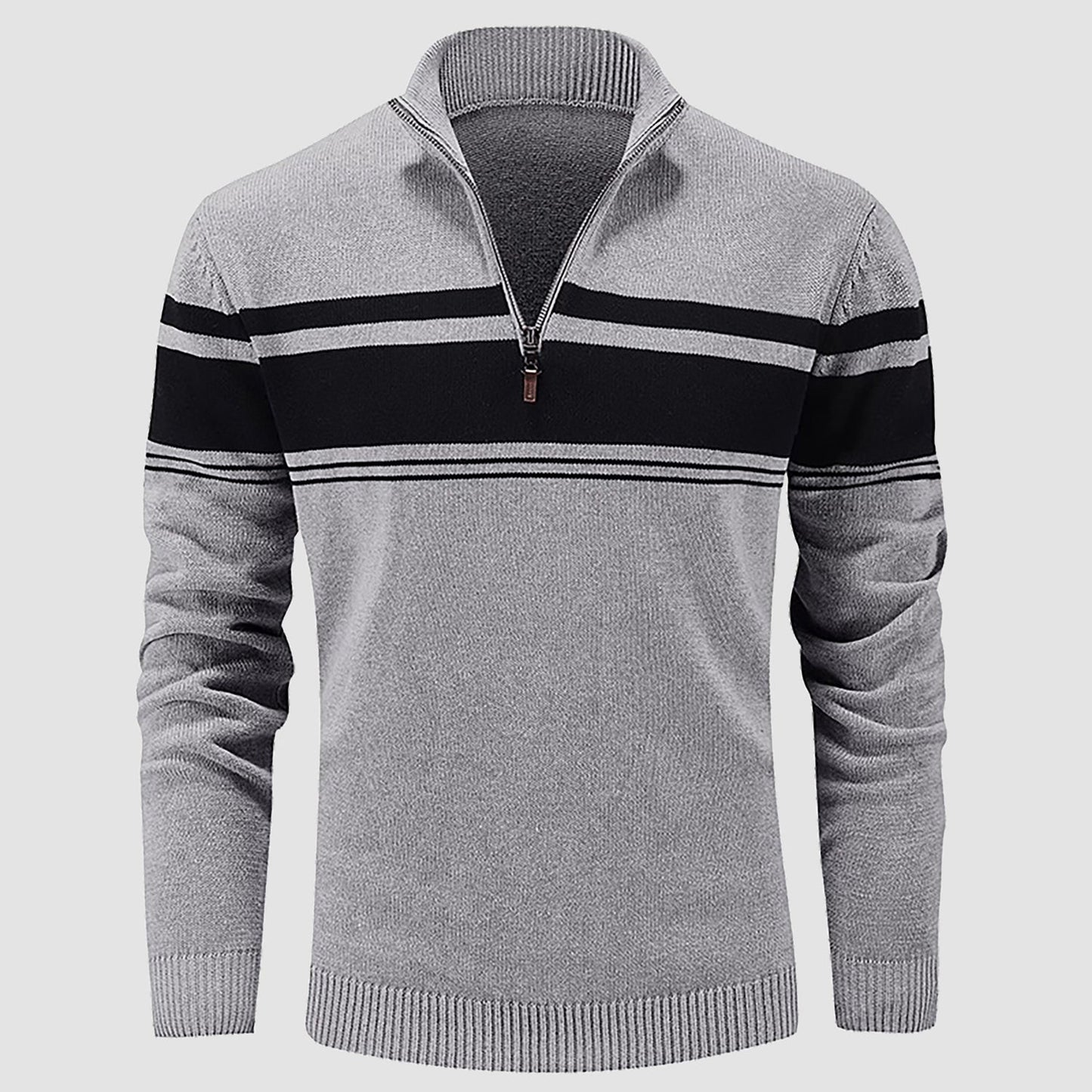 Men's slim fit half-zip cotton knit pullover sweater with multicolor stripes and mock neck collar