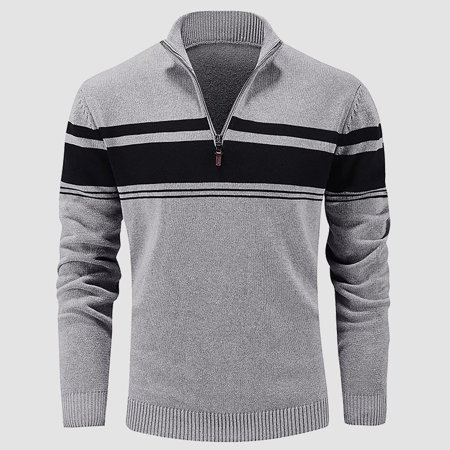 Men's slim fit half-zip cotton knit pullover sweater with multicolor stripes and mock neck collar