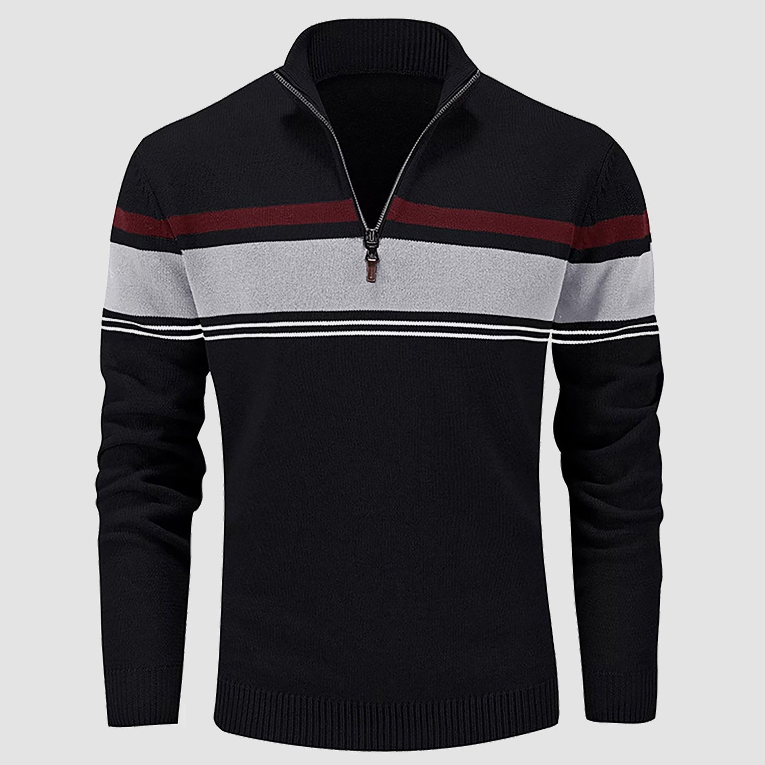 Men's slim fit half-zip cotton knit pullover sweater with multicolor stripes and mock neck collar