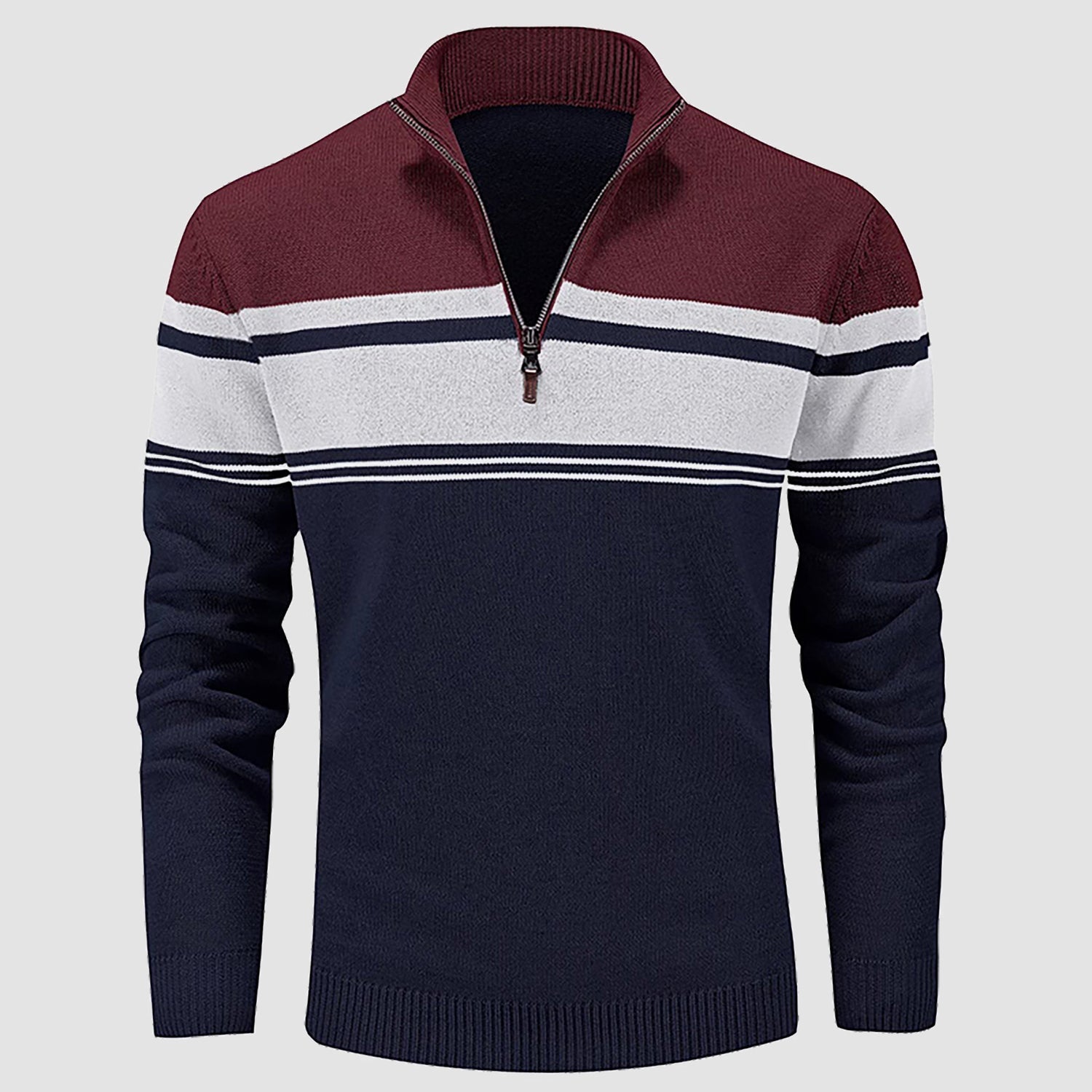 Men's slim fit half-zip knit pullover sweater in multicolor stripes with mock neck cotton blend