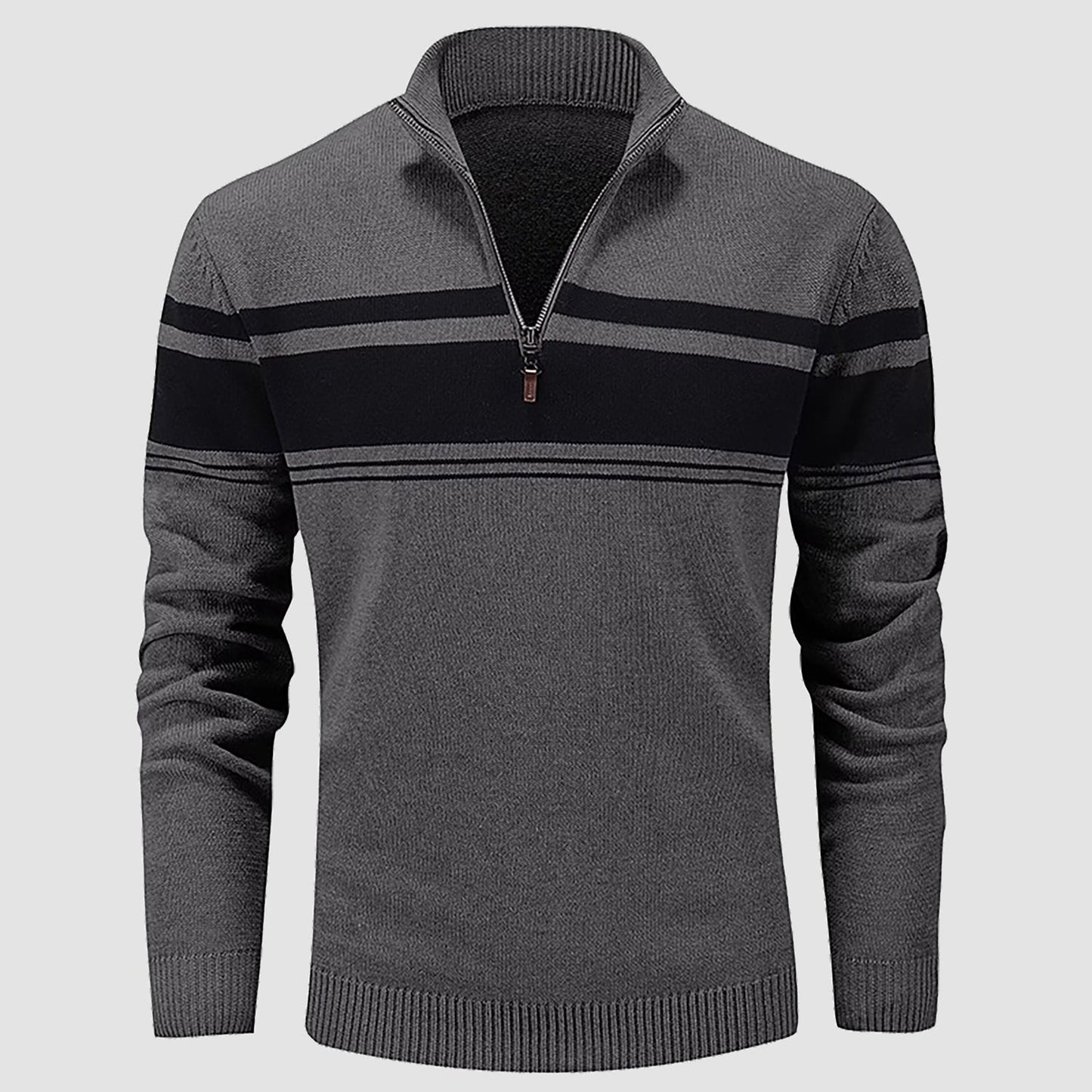 Men's slim fit half-zip knit pullover sweater with multicolor stripes and mock neck cotton blend