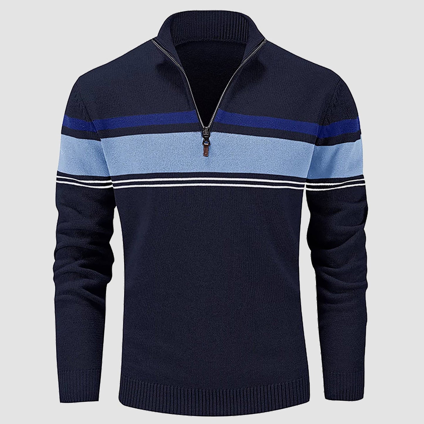 Men's slim fit half-zip knit pullover sweater in multicolor stripes with mock neck cotton fabric