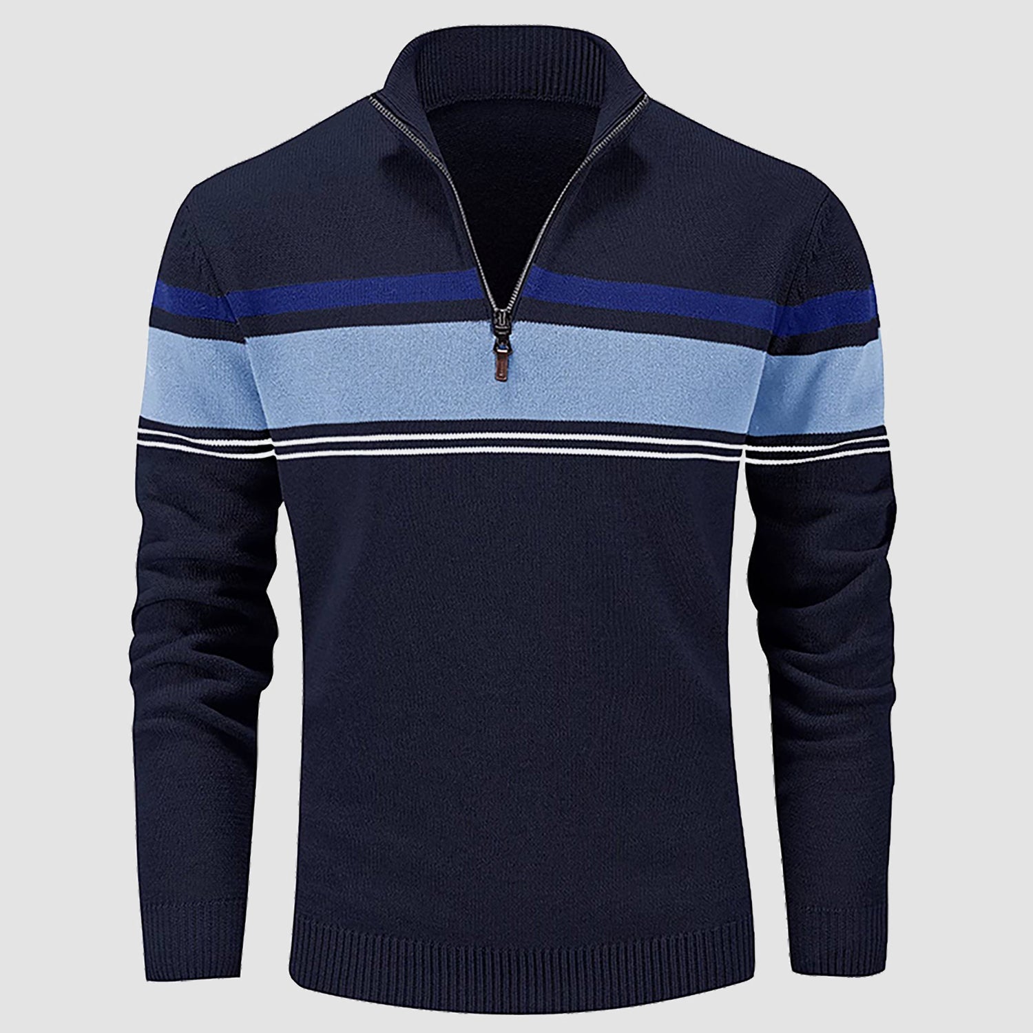 Men's slim fit half-zip knit pullover sweater in multicolor stripes with mock neck cotton fabric
