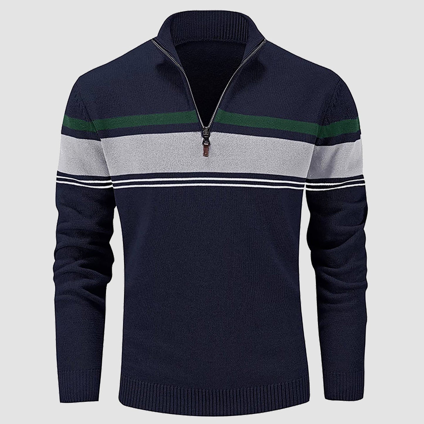 Men's slim fit half-zip knit pullover sweater, soft cotton, multicolor striped mock neck casual style