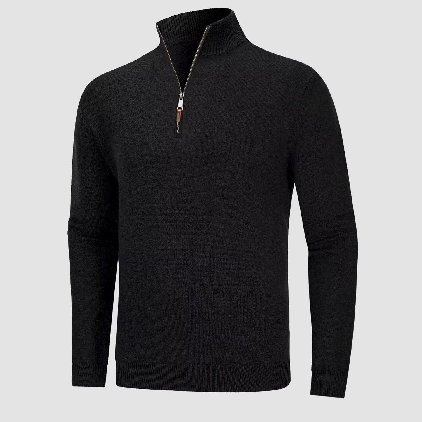 Men's knitted mock-neck quarter-zip sweater in cozy cotton-nylon blend for winter layering