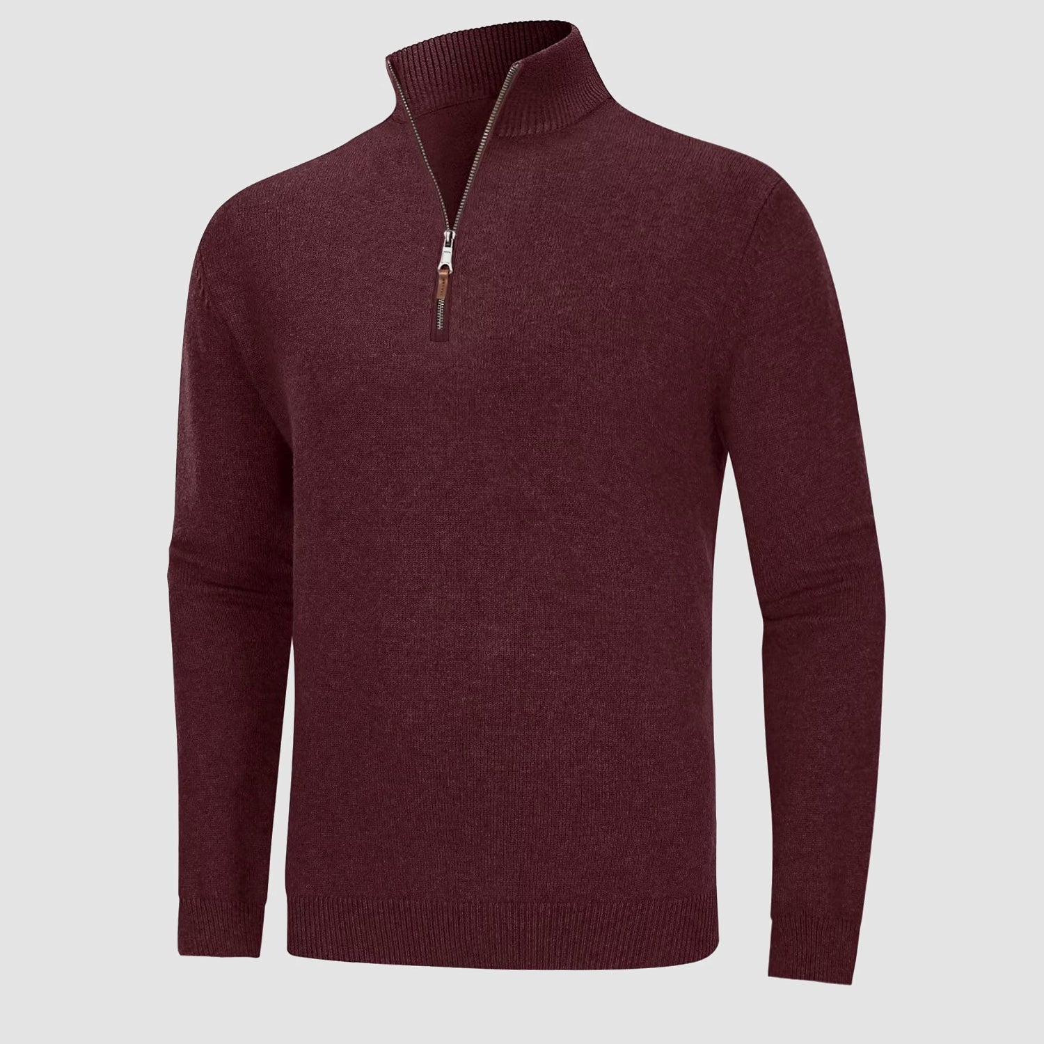 Men's knitted mock-neck quarter-zip sweater in cozy cotton-nylon blend for winter layering
