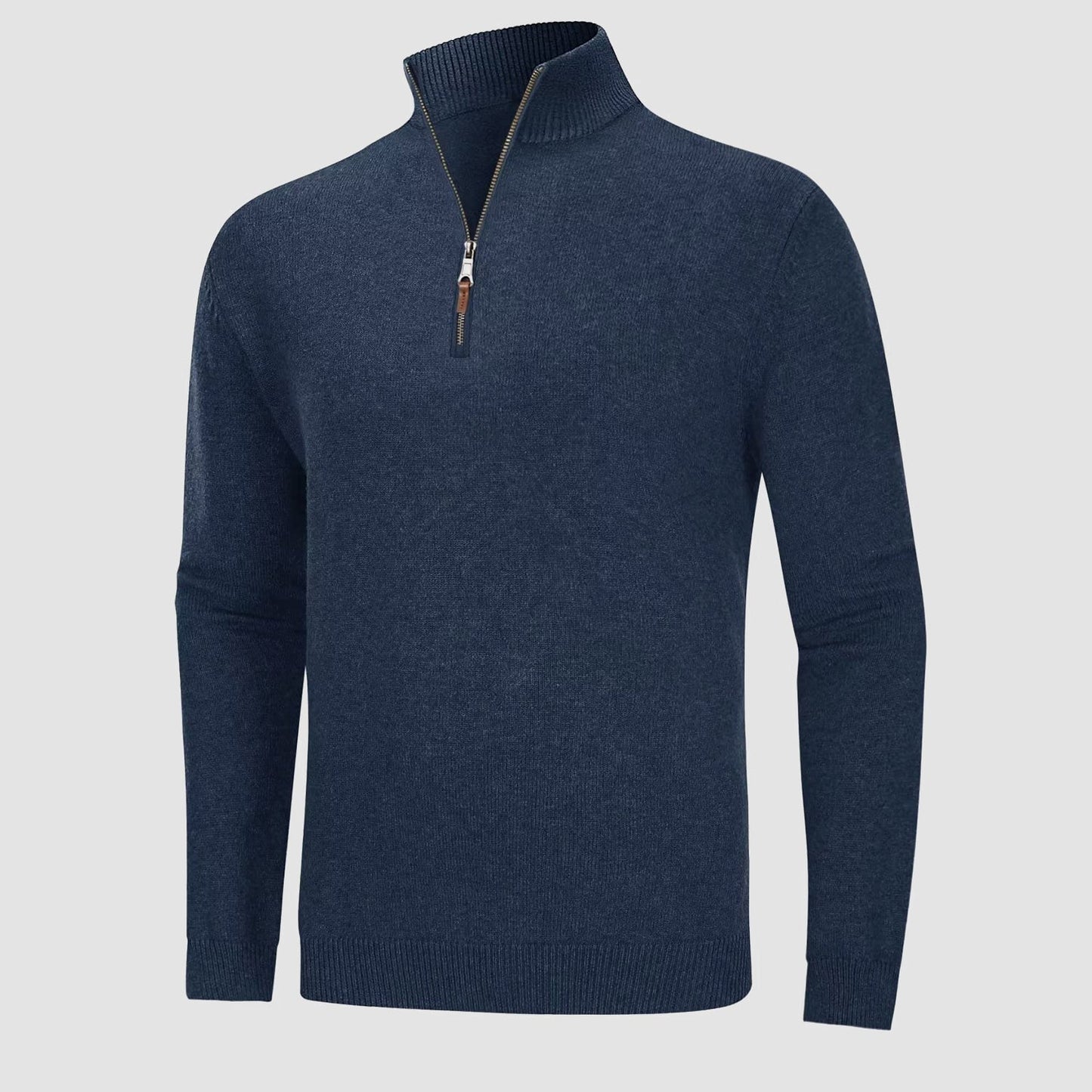 Men's knitted mock-neck quarter-zip sweater in cozy cotton-nylon blend for winter layering