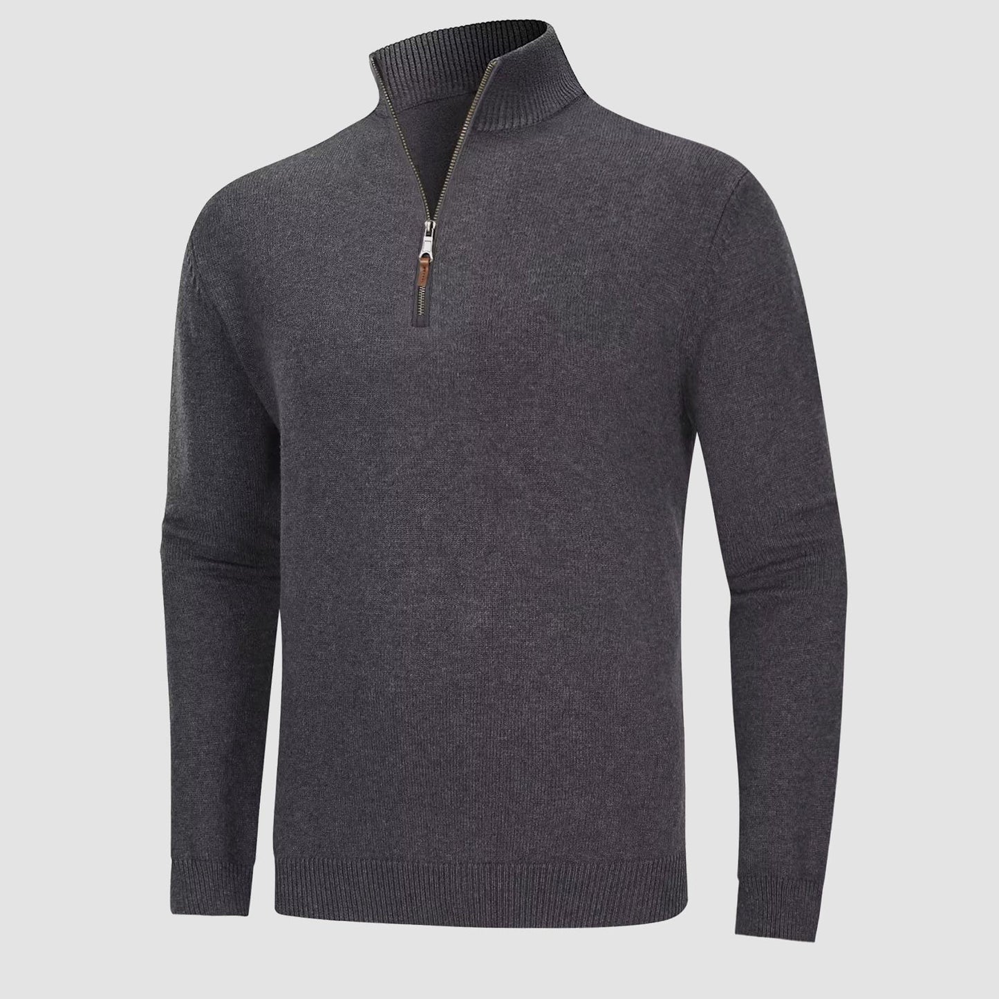 Men's knitted turtleneck quarter-zip sweater in cozy cotton-nylon blend with mock neck