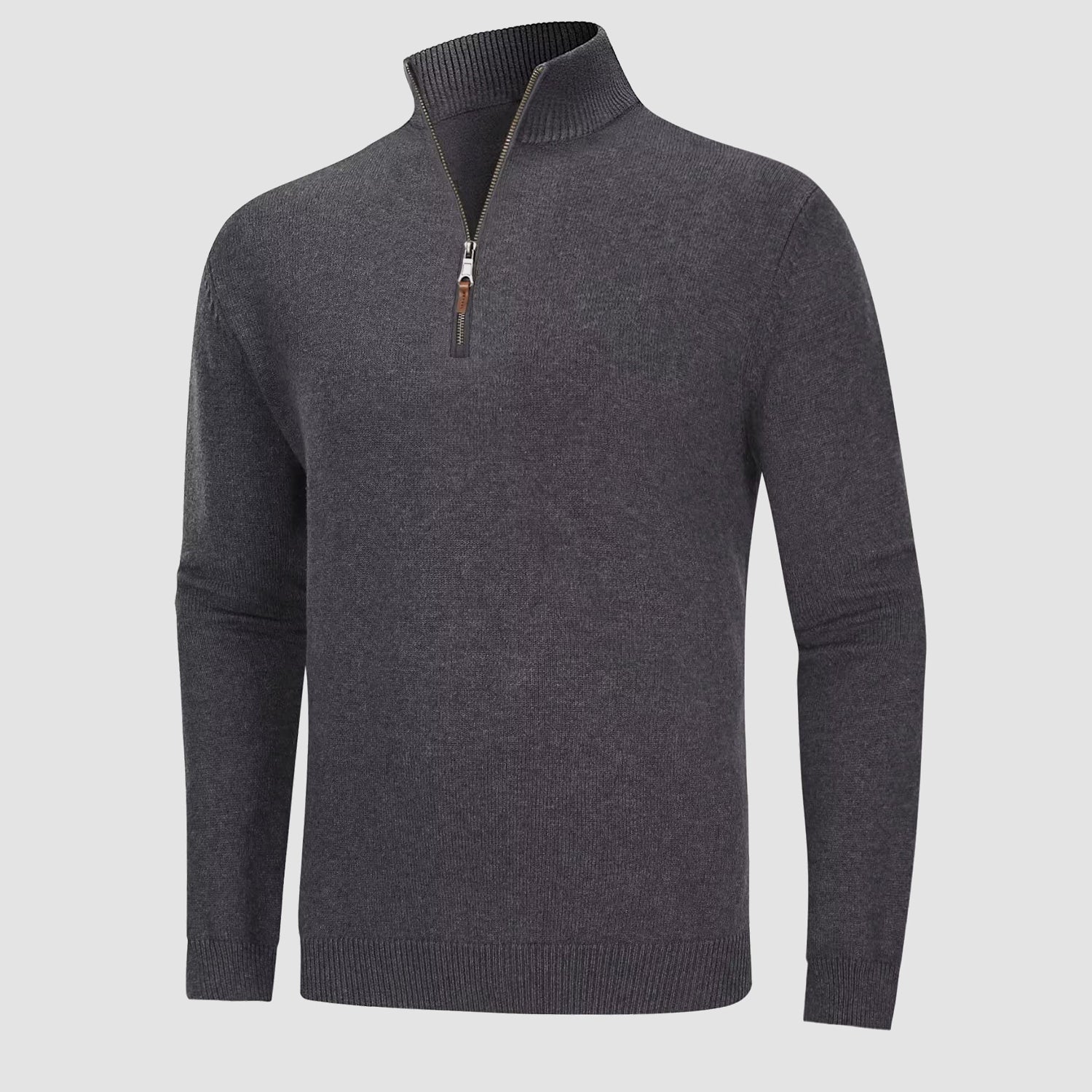 Men's knitted turtleneck quarter-zip sweater in cozy cotton-nylon blend with mock neck
