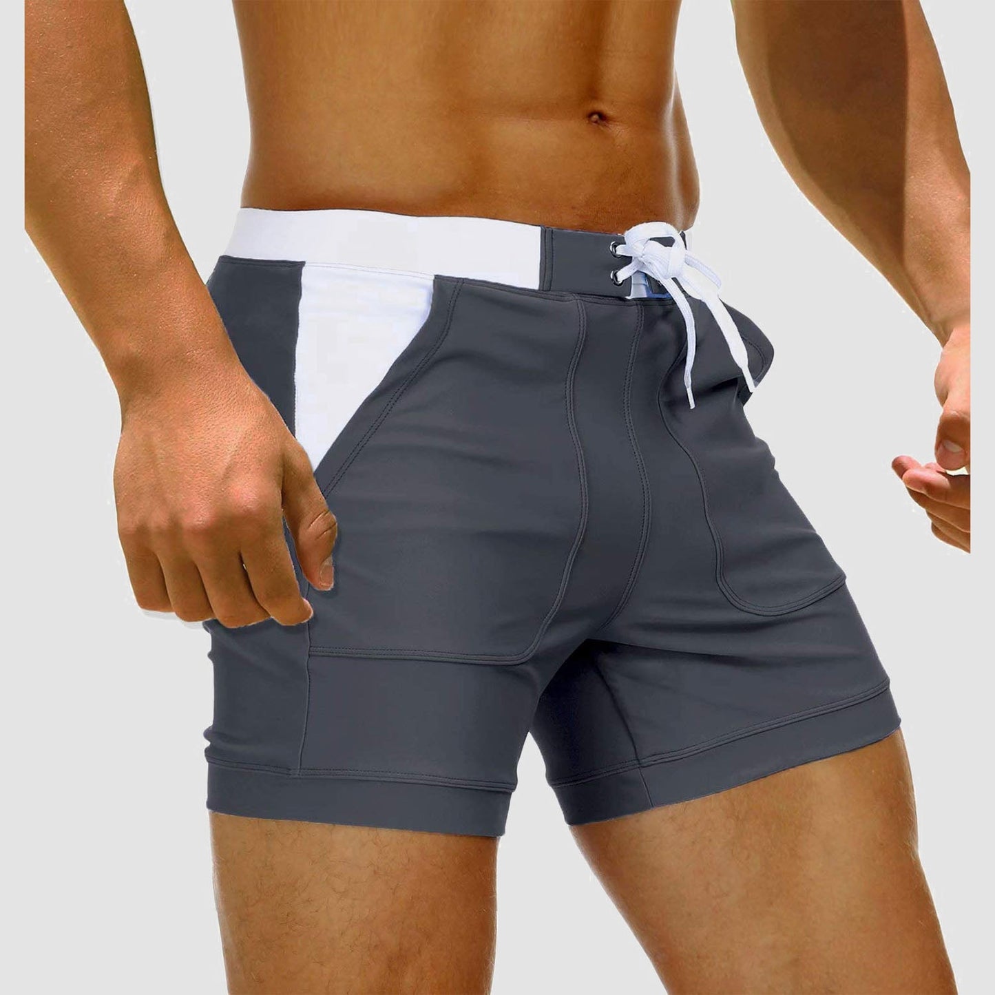 Men's quick-dry nylon spandex swim trunks with two pockets, drawcord waist, mesh lining