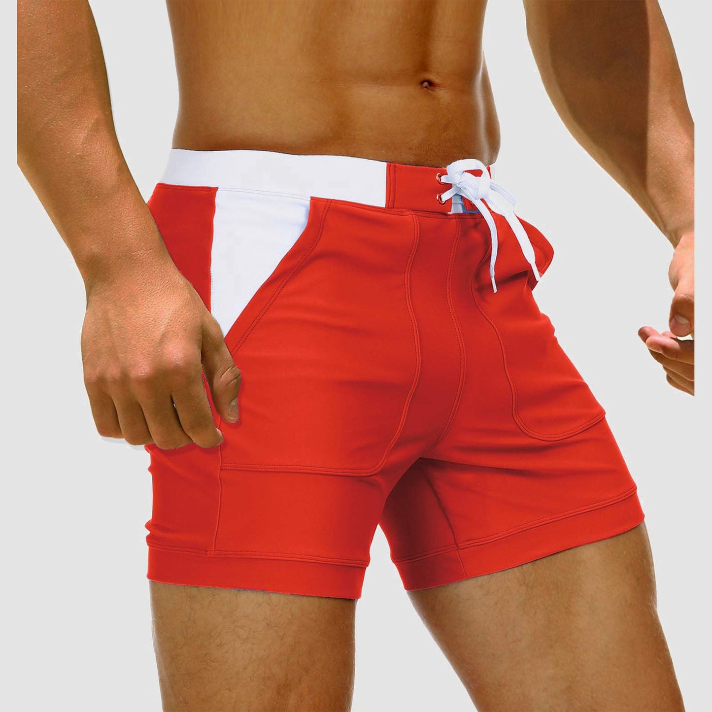 Men's quick-dry nylon spandex swim trunks with two pockets, drawcord waist, mesh lining