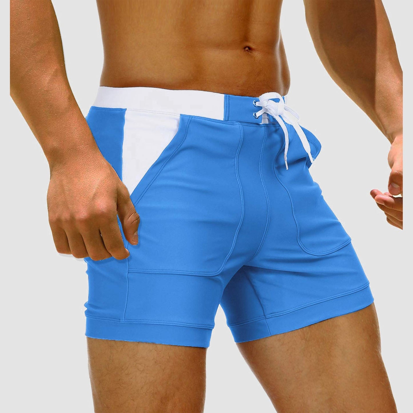 Men's quick-dry nylon spandex swim trunks with two pockets, mesh lining, and drawcord waist