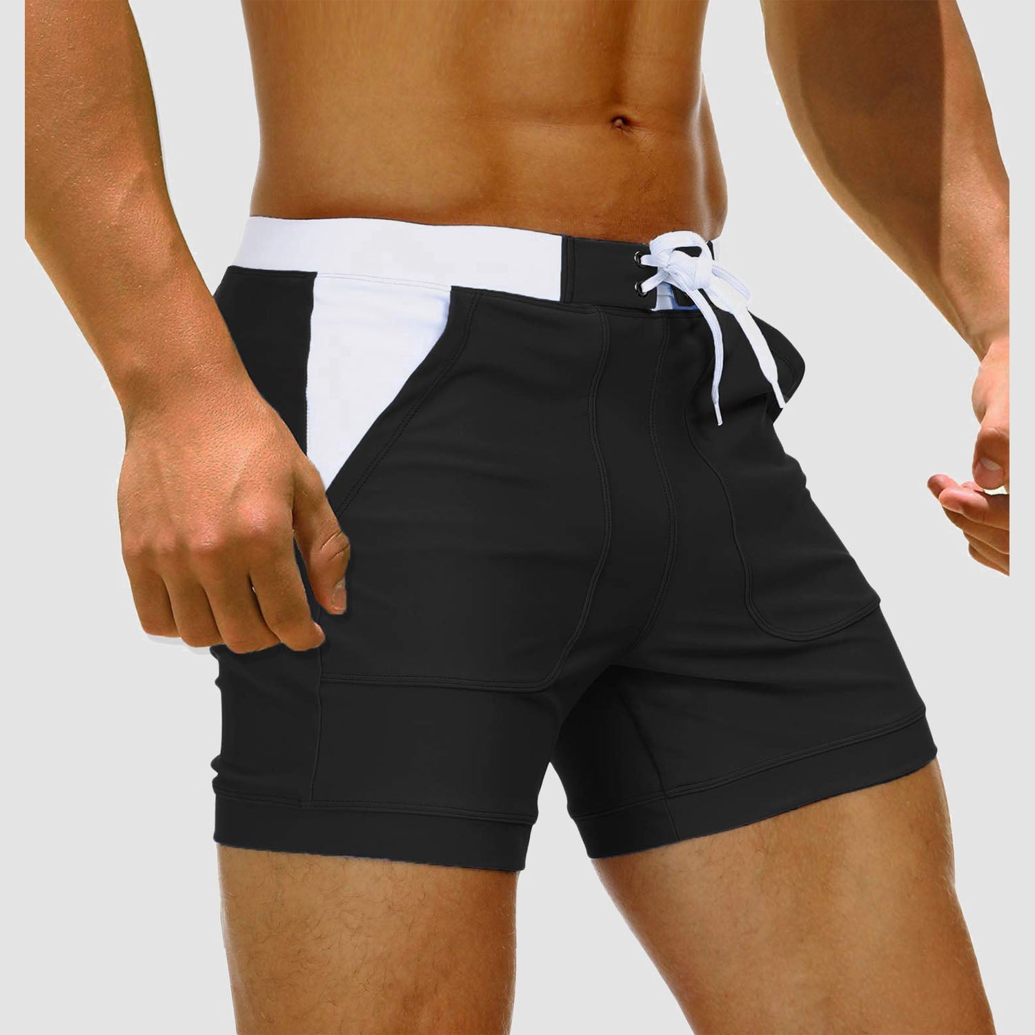 Men's quick-dry nylon spandex swim trunks with two pockets, mesh lining, and drawcord waist