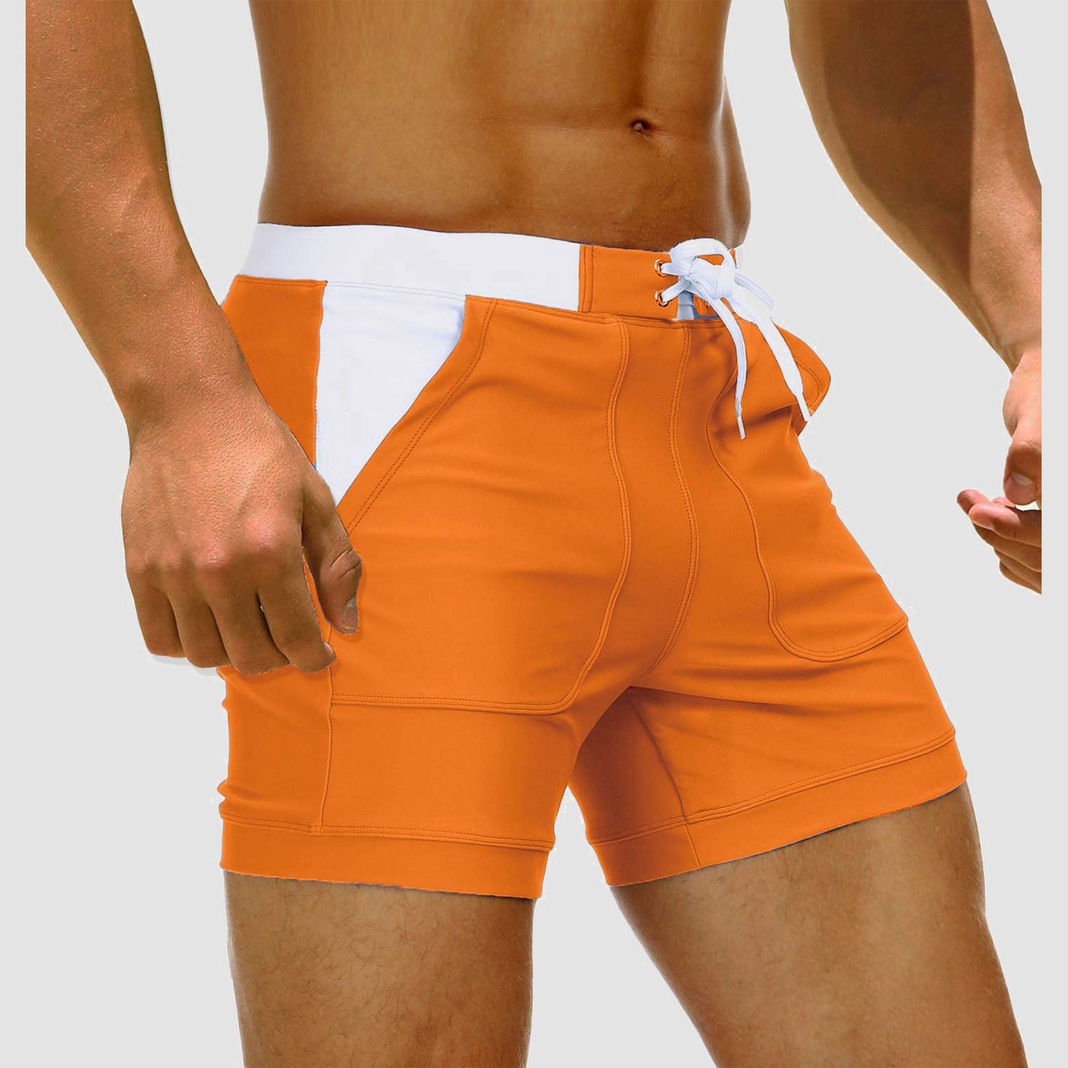 Men's quick-dry nylon spandex swim trunks with two pockets, mesh lining, and drawcord waist