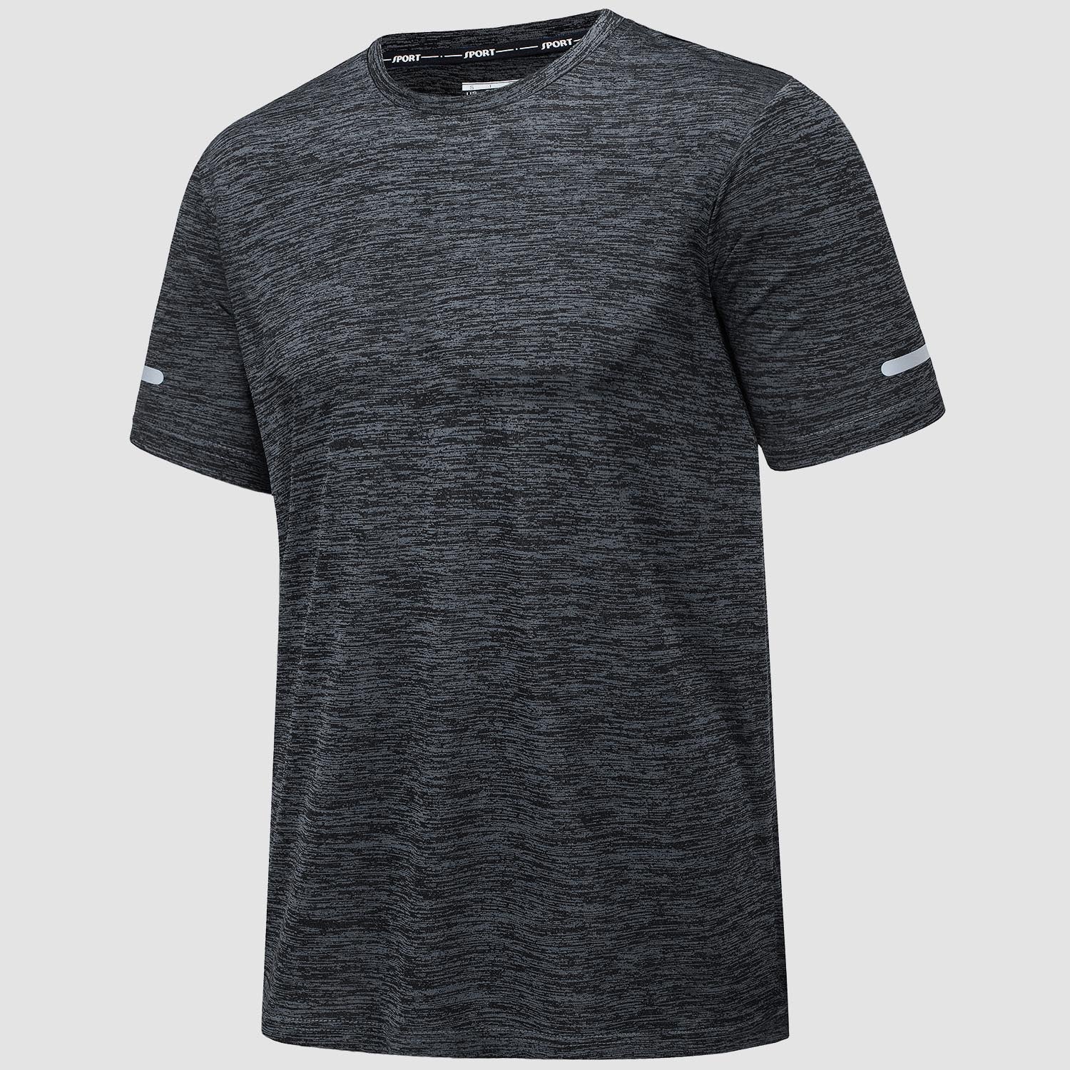 Men's gray quick-dry athletic running tee, tag-free breathable polyester with reflective strip