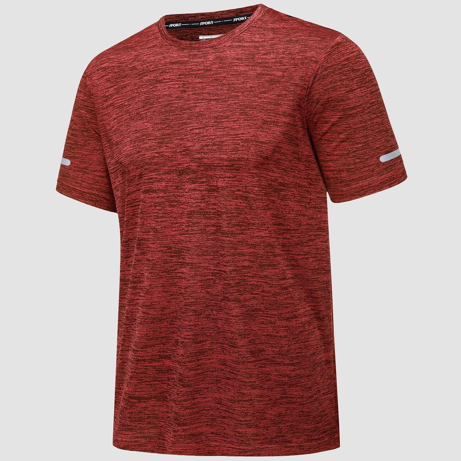 Men's black quick-dry athletic running tee, breathable polyester with reflective strip, tag-free