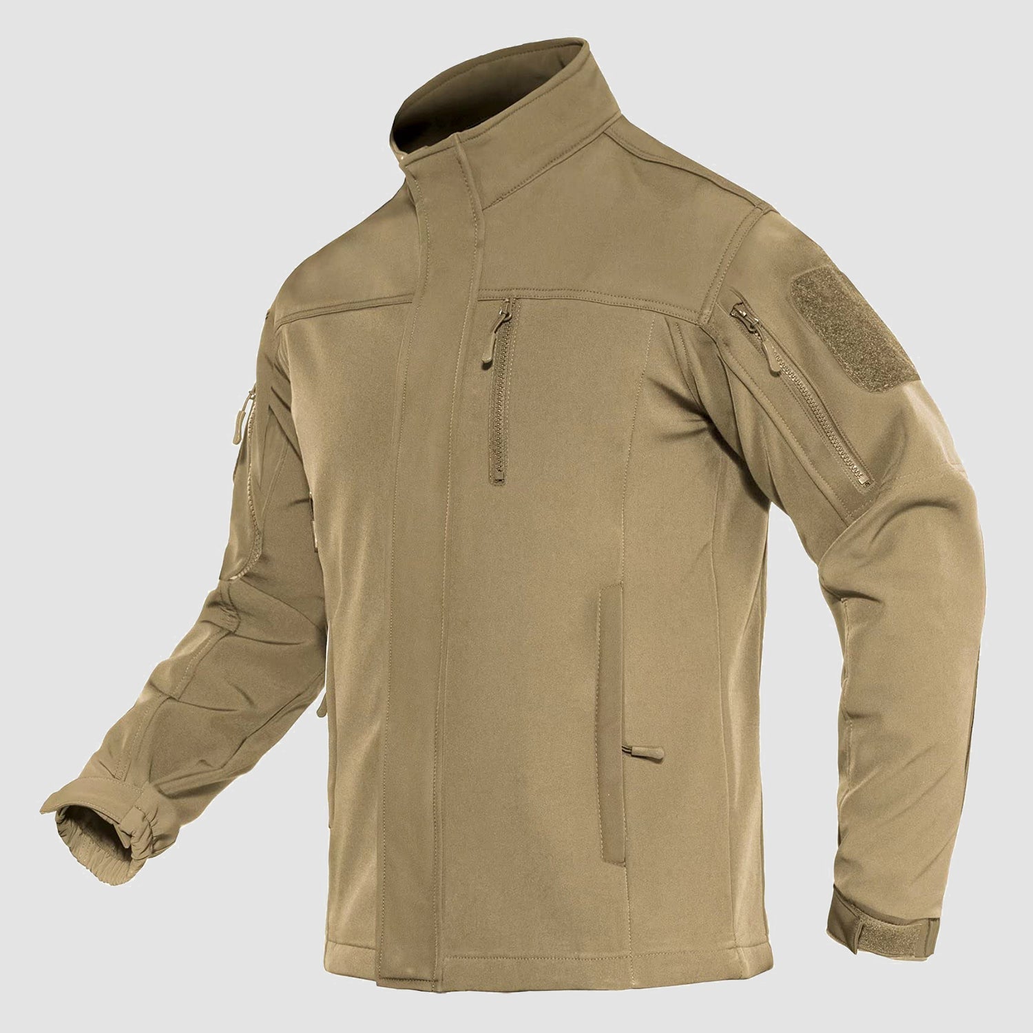 Men's black softshell tactical jacket fleece-lined, military-inspired fit with water-resistant flight silhouette