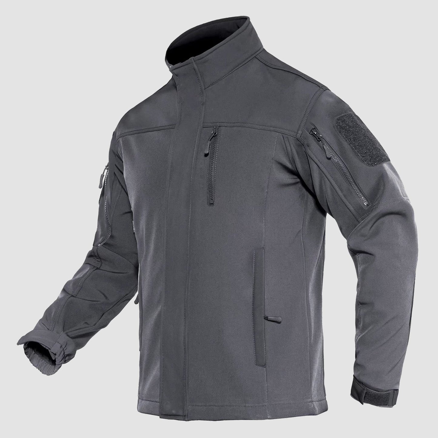 Men's black softshell tactical jacket fleece-lined with military-inspired fit and water-resistant shell