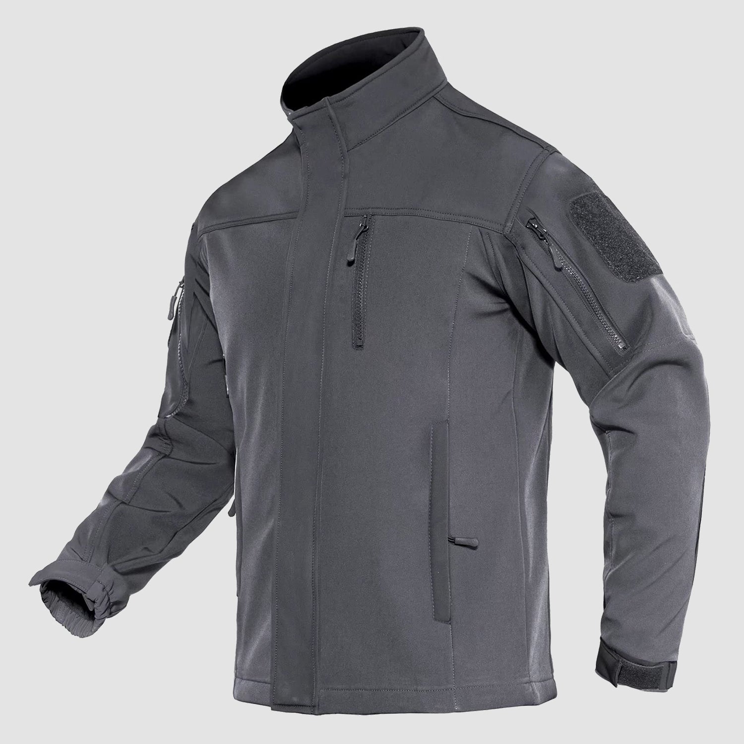 Men's black softshell tactical jacket fleece-lined with military-inspired fit and water-resistant shell