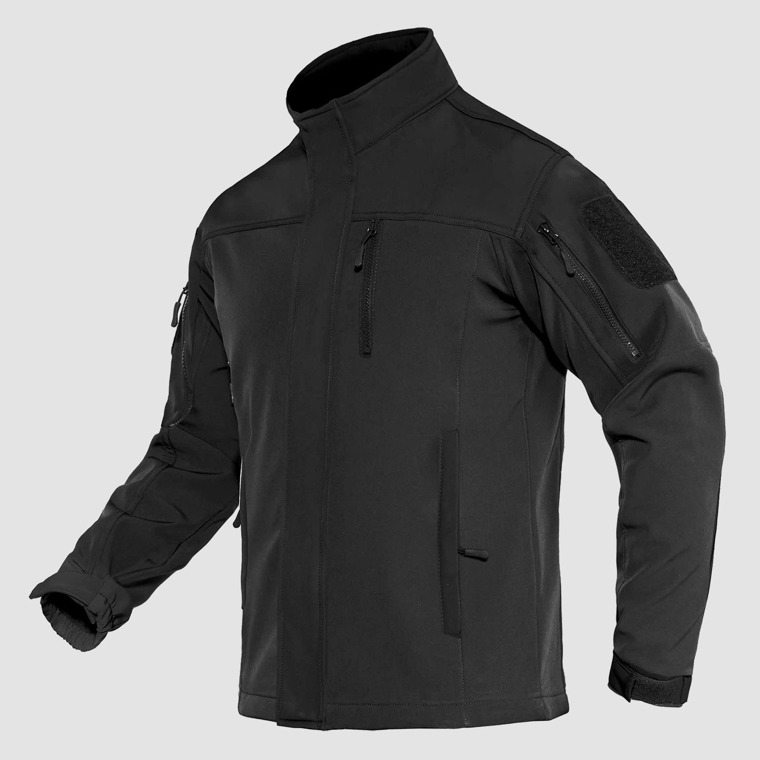 Men's black softshell tactical jacket fleece-lined with military-inspired fit and water-resistant shell
