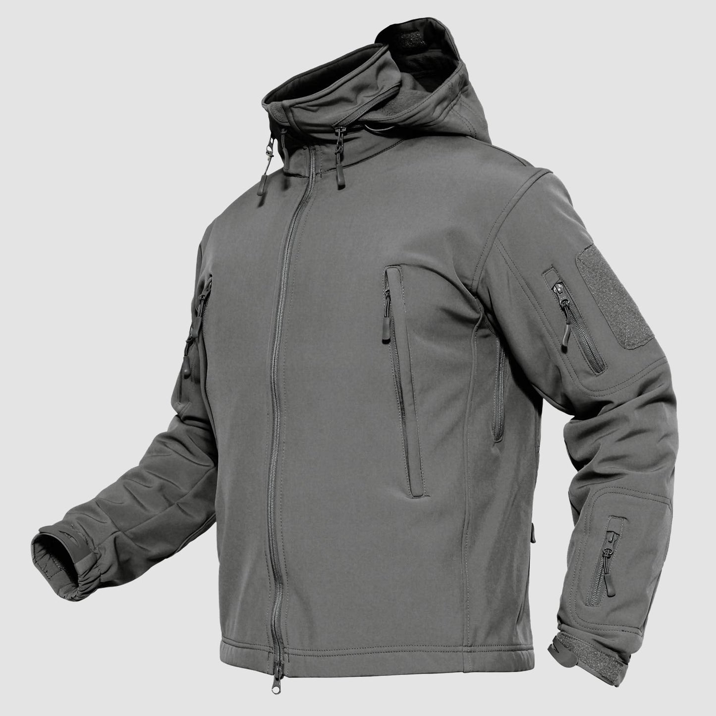 Men's dark tactical jacket fleece-lined collar water-resistant detachable hood multi-pocket outdoor shell
