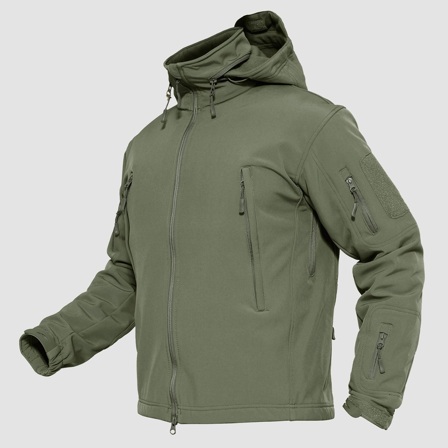 Men's water-resistant tactical jacket with fleece lining, detachable hood, multi-pocket design for outdoor use