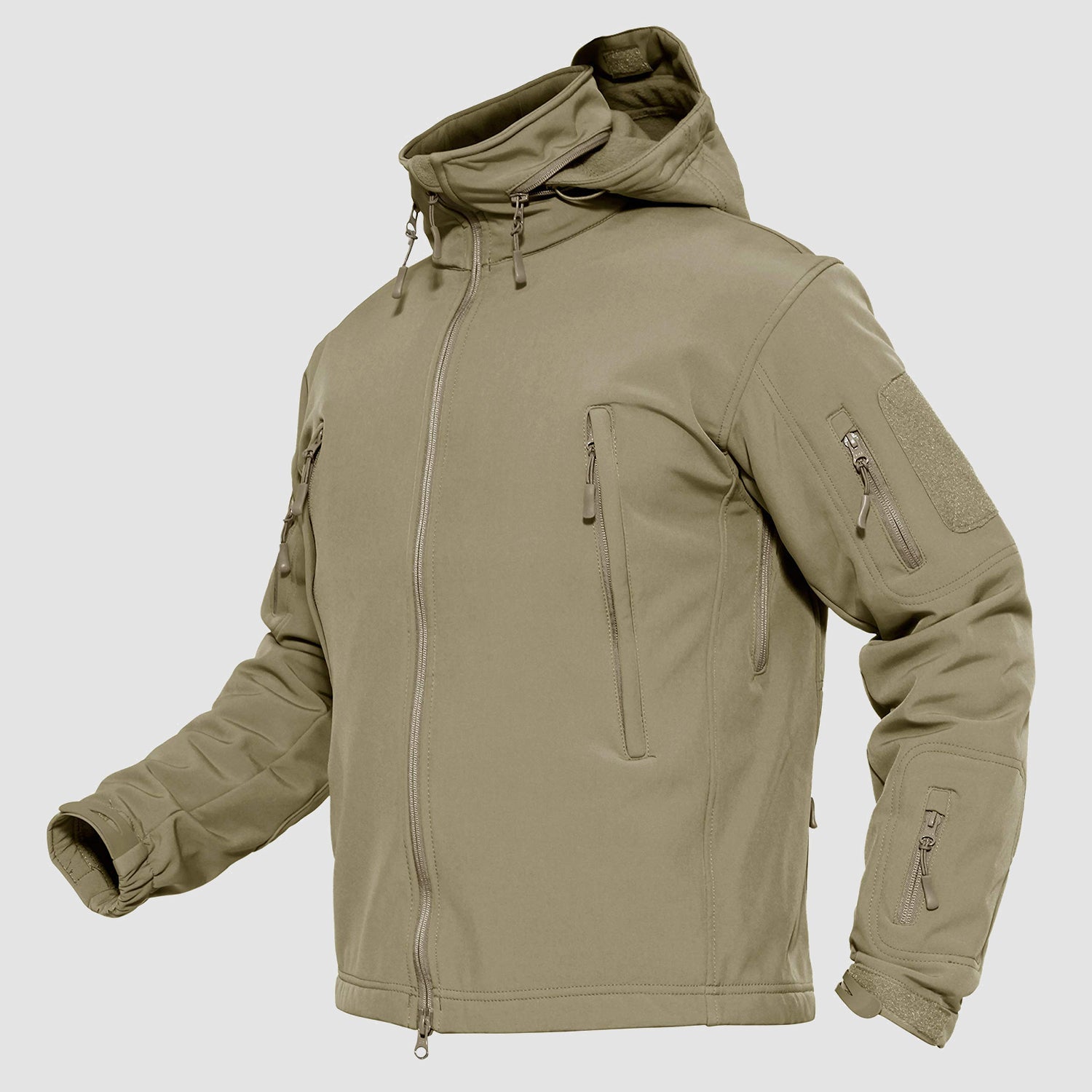 Men's olive tactical jacket water-resistant fleece-lined detachable hood outdoor performance fit
