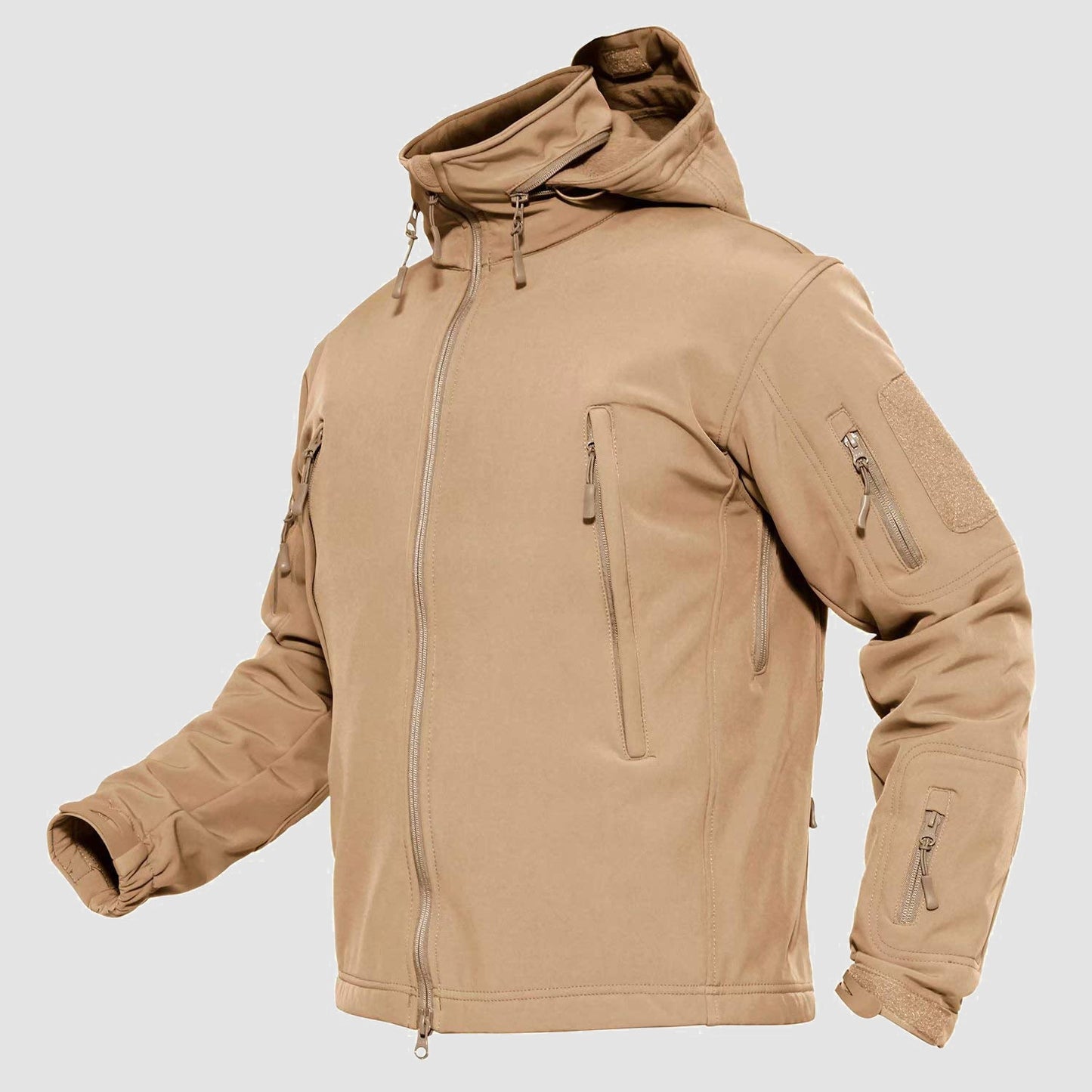 Men's olive tactical jacket water-resistant fleece lining detachable hood outdoor adventure style
