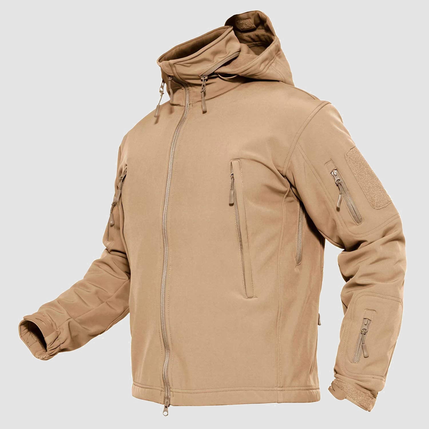 Men's olive tactical jacket water-resistant fleece lining detachable hood outdoor adventure style