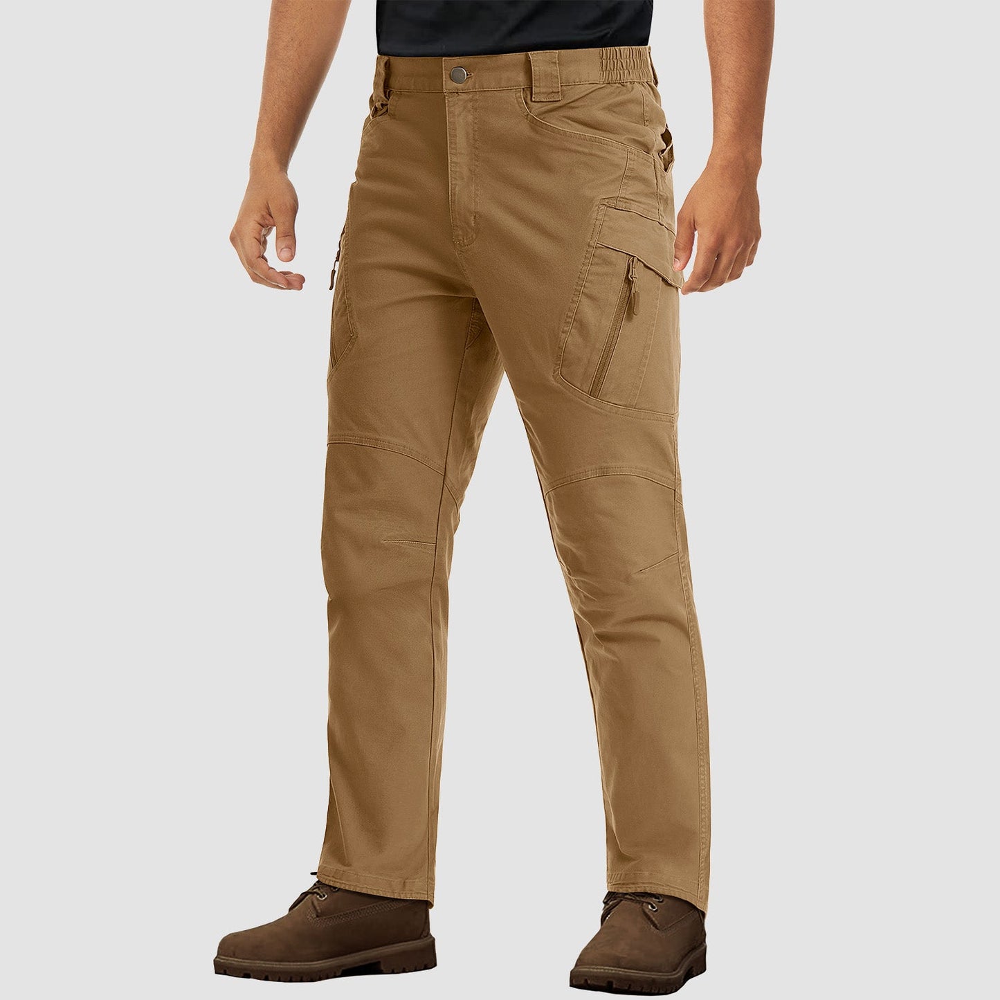 Men's rip-stop tactical cargo pants in olive green with stretch waistband and 9-pocket utility design