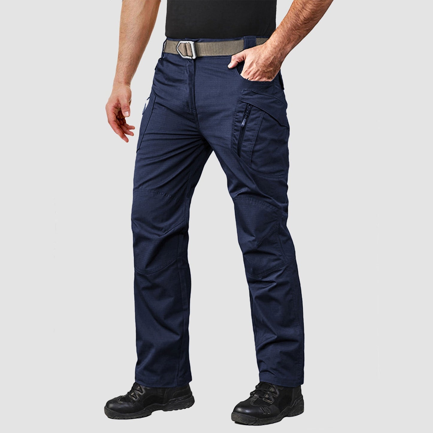 Men's olive ripstop tactical cargo pants with 9-pocket layout and elastic waist for hiking