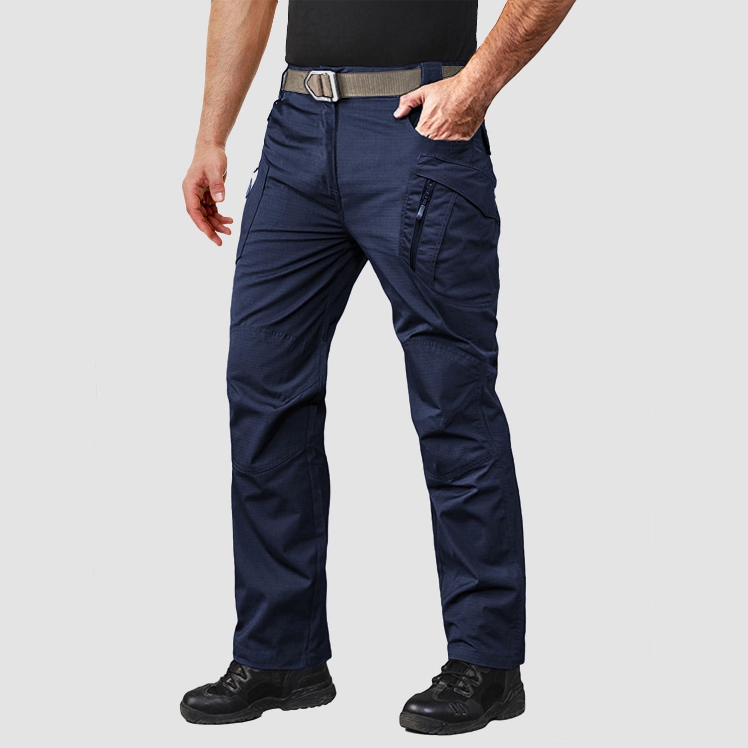 Men's olive ripstop tactical cargo pants with 9-pocket layout and elastic waist for hiking