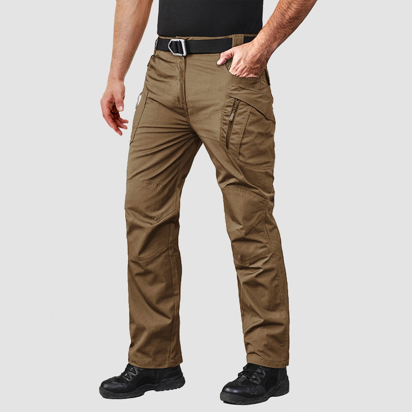 Men's khaki ripstop tactical pants with elastic waist and 9-pocket layout for hiking and work