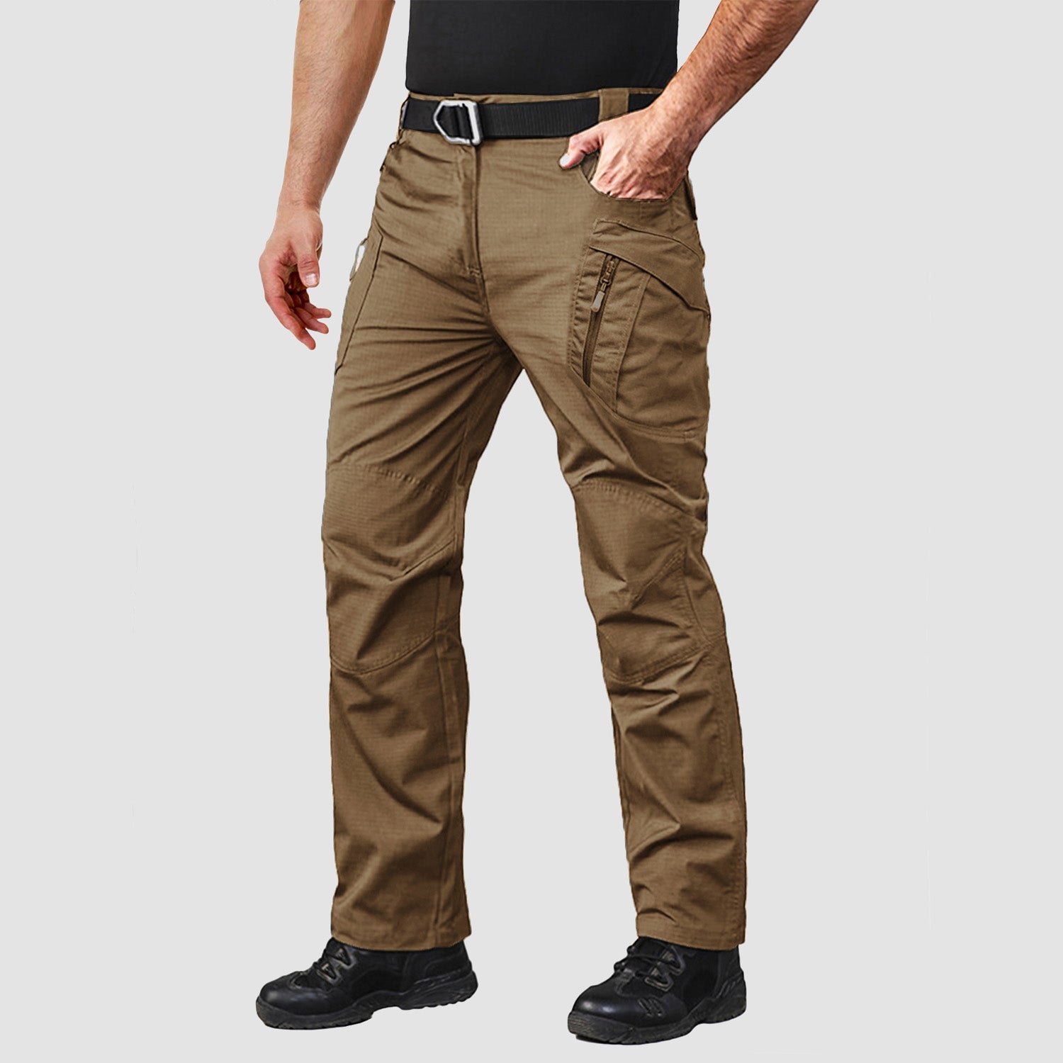 Men's khaki ripstop tactical pants with elastic waist and 9-pocket layout for hiking and work