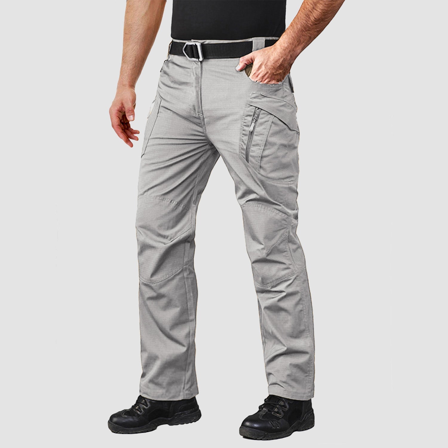 Men's khaki ripstop tactical pants with elastic waist and 9-pocket layout for hiking and work