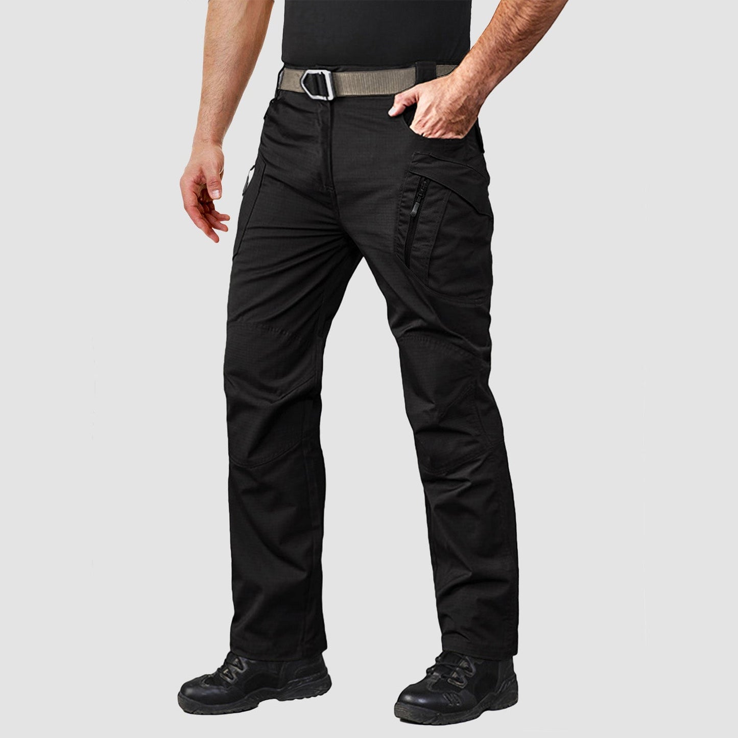 Men's khaki ripstop tactical cargo pants with 9-pocket layout for hiking and rugged outdoor work